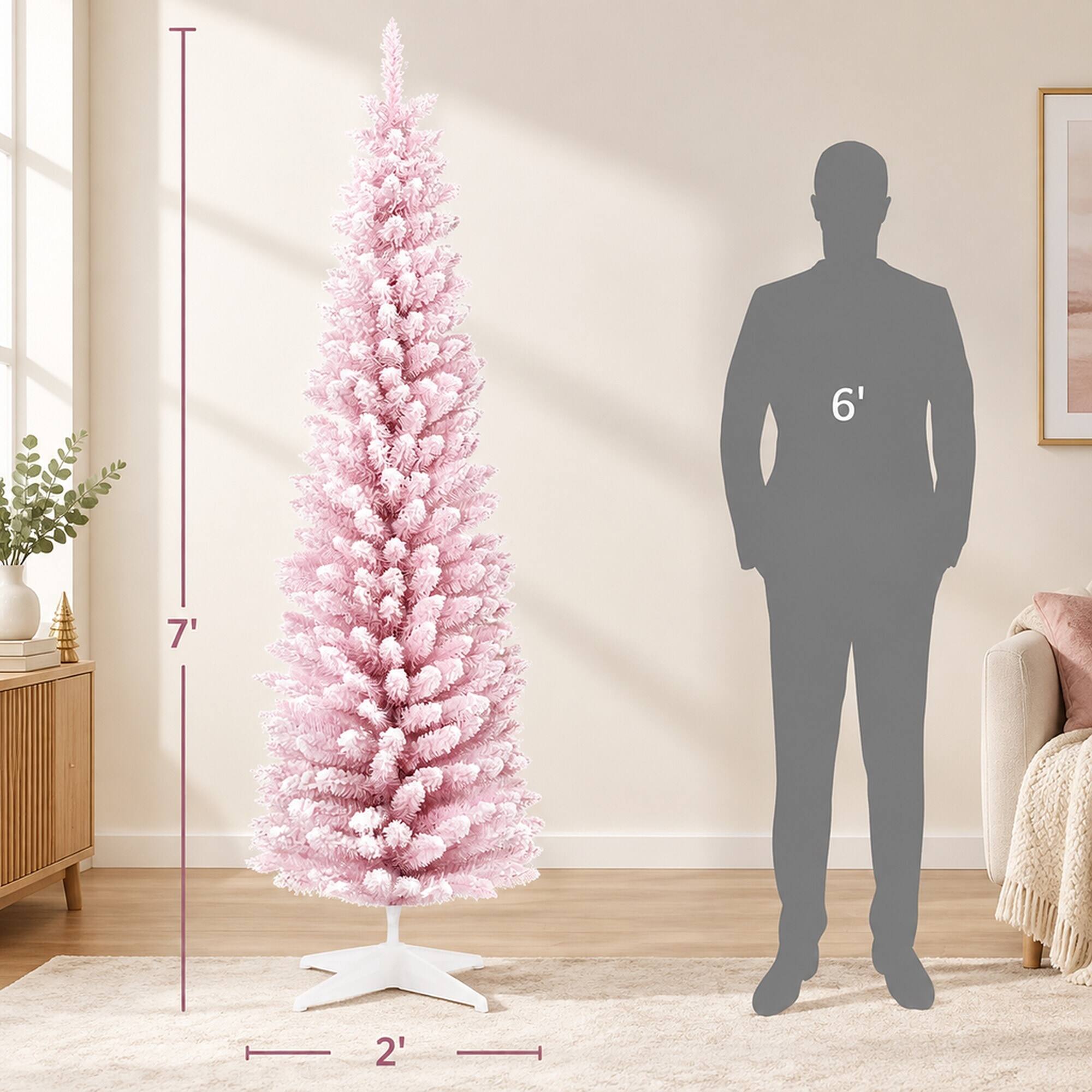 Alt View 3. RYHNUYNE - Snow Flocked Artificial Pencil Christmas Tree With Realistic Branches, Slim Hinged Narrow Holiday Home Decor - Pink.