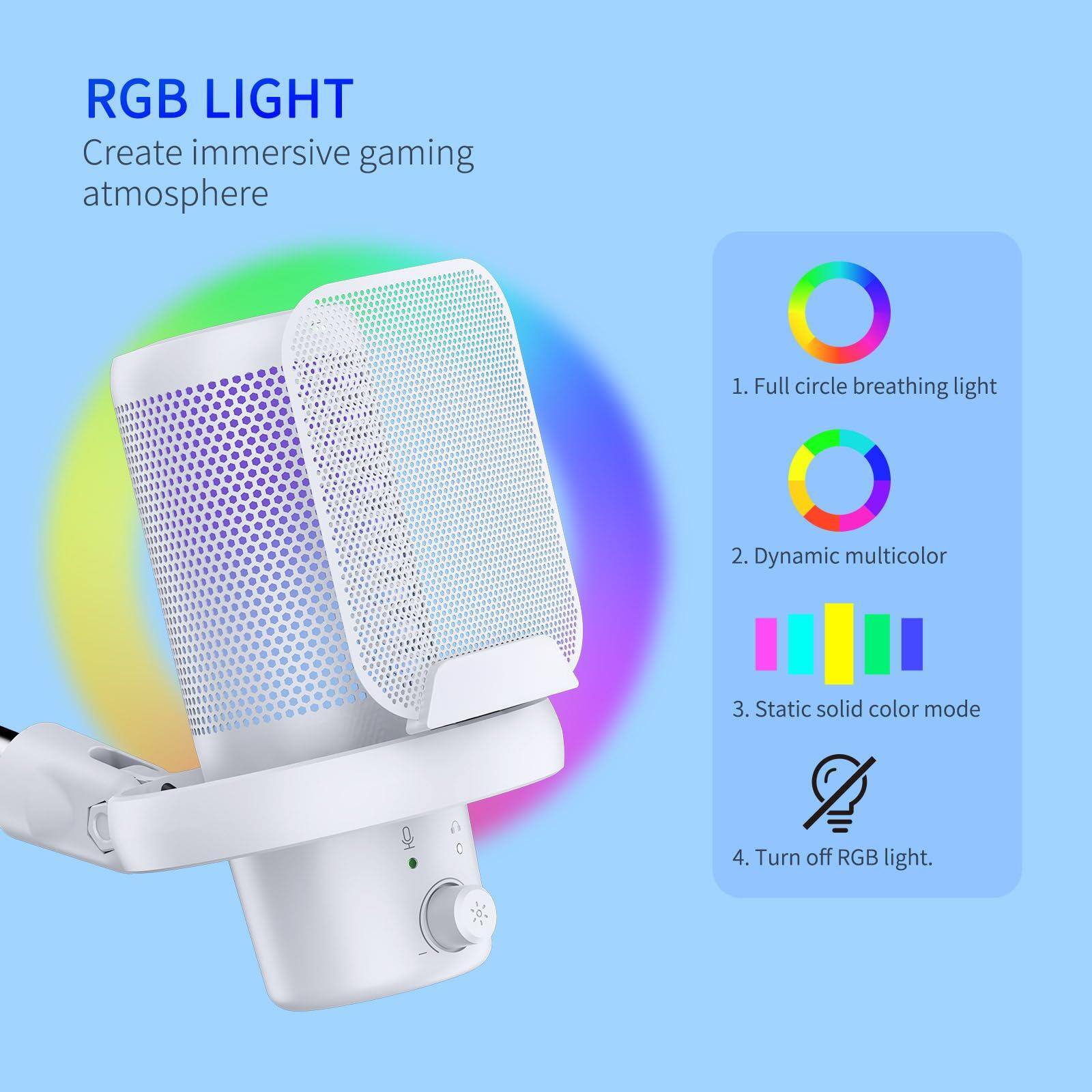 RGB LIGHT  
Create immersive gaming atmosphere  

1. Full circle breathing light  
2. Dynamic multicolor  
3. Static solid color mode  
4. Turn off RGB light.