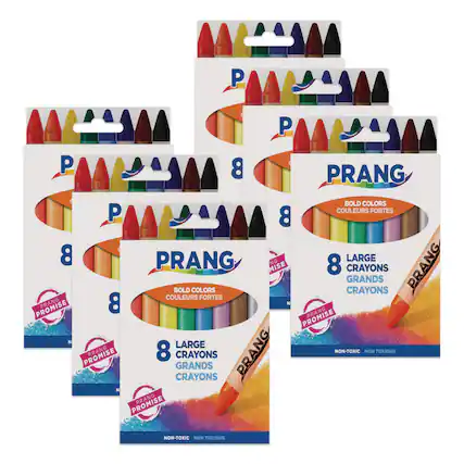 PRANG
BOLD COLORS
COULEURS FORTES
8 LARGE CRAYONS
GRANDS CRAYONS
NON-TOXIC
NON TOXIQUE
PRANG PROMISE