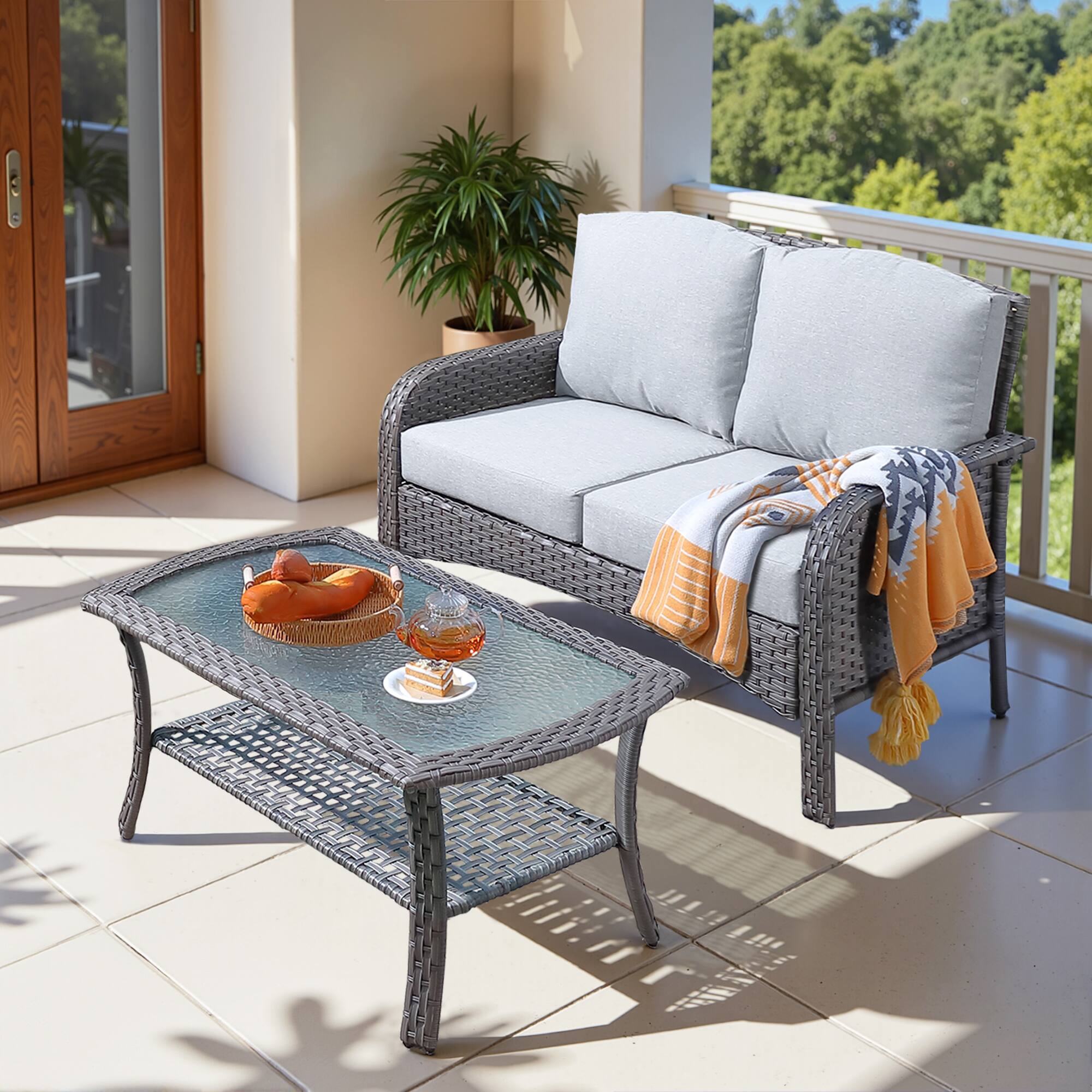 Ovios - 2 PCS Outdoor Patio Furniture High Back Sofa Wicker Loveseat with Table for Backyard Balcony - Gray
