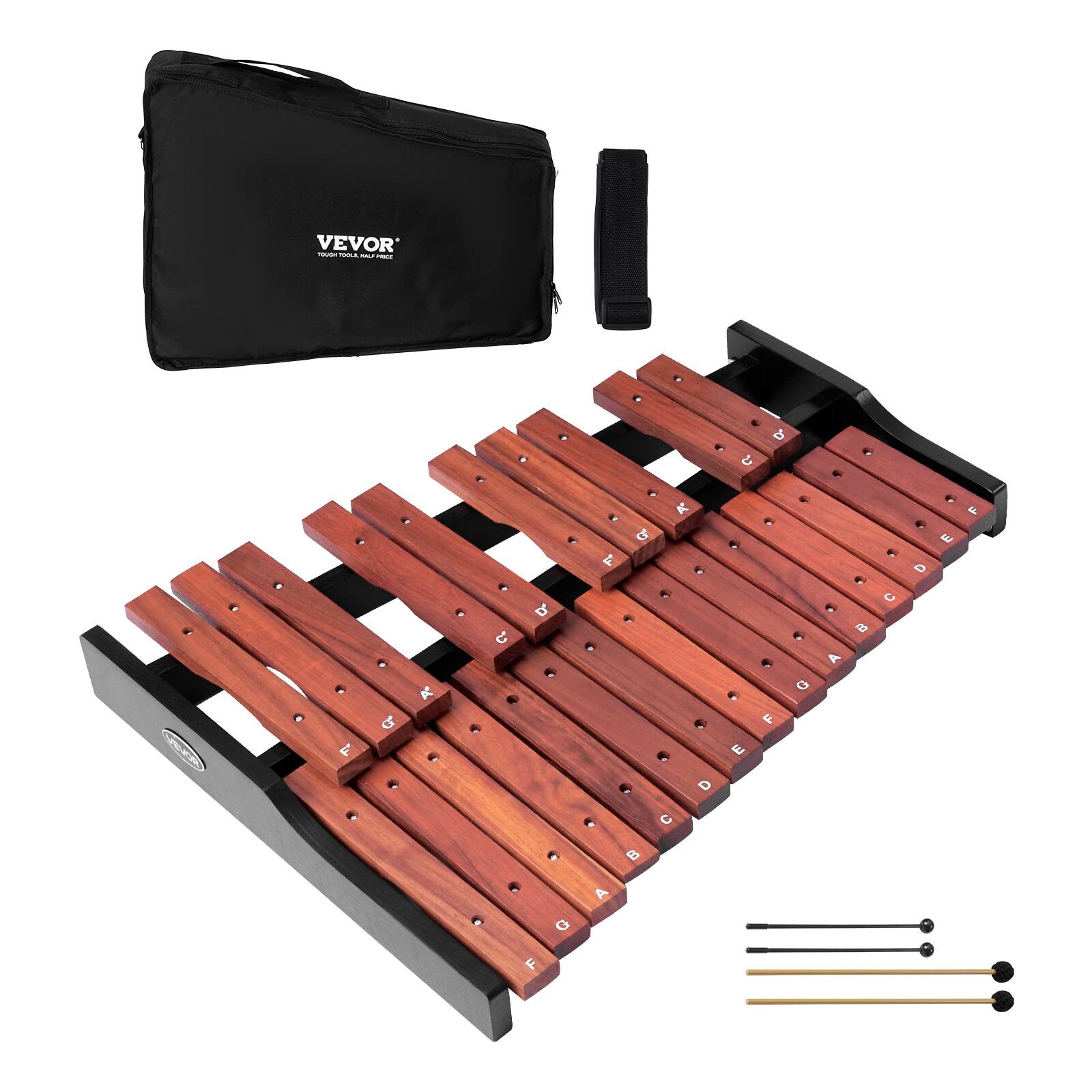 Front. VEVOR - Glockenspiel Xylophone, 25 Notes, Wooden Professional Xylophone Percussion Instrument, with 4 Mallets, Carrying Bag - Brown.