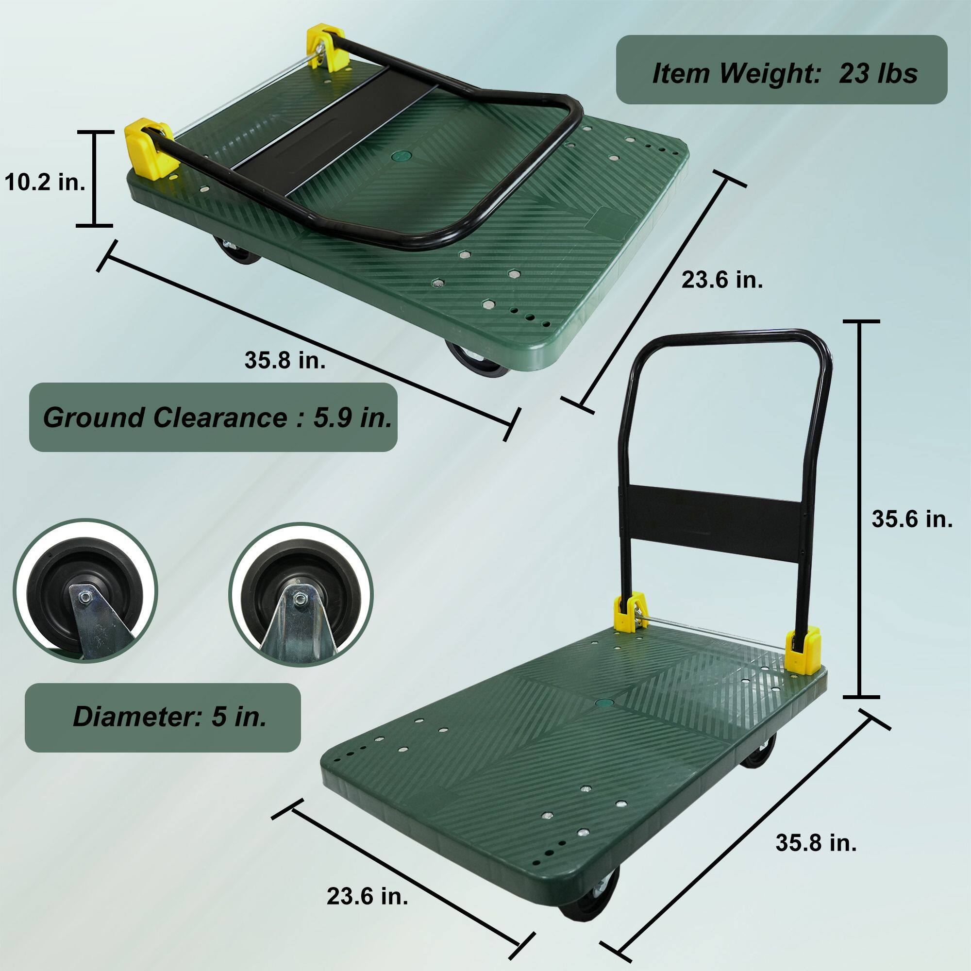 10.2 in.  
Item Weight: 23 lbs  
23.6 in.  
35.8 in.  
Ground Clearance: 5.9 in.  
35.6 in.  
Diameter: 5 in.  
23.6 in.  
35.8 in.