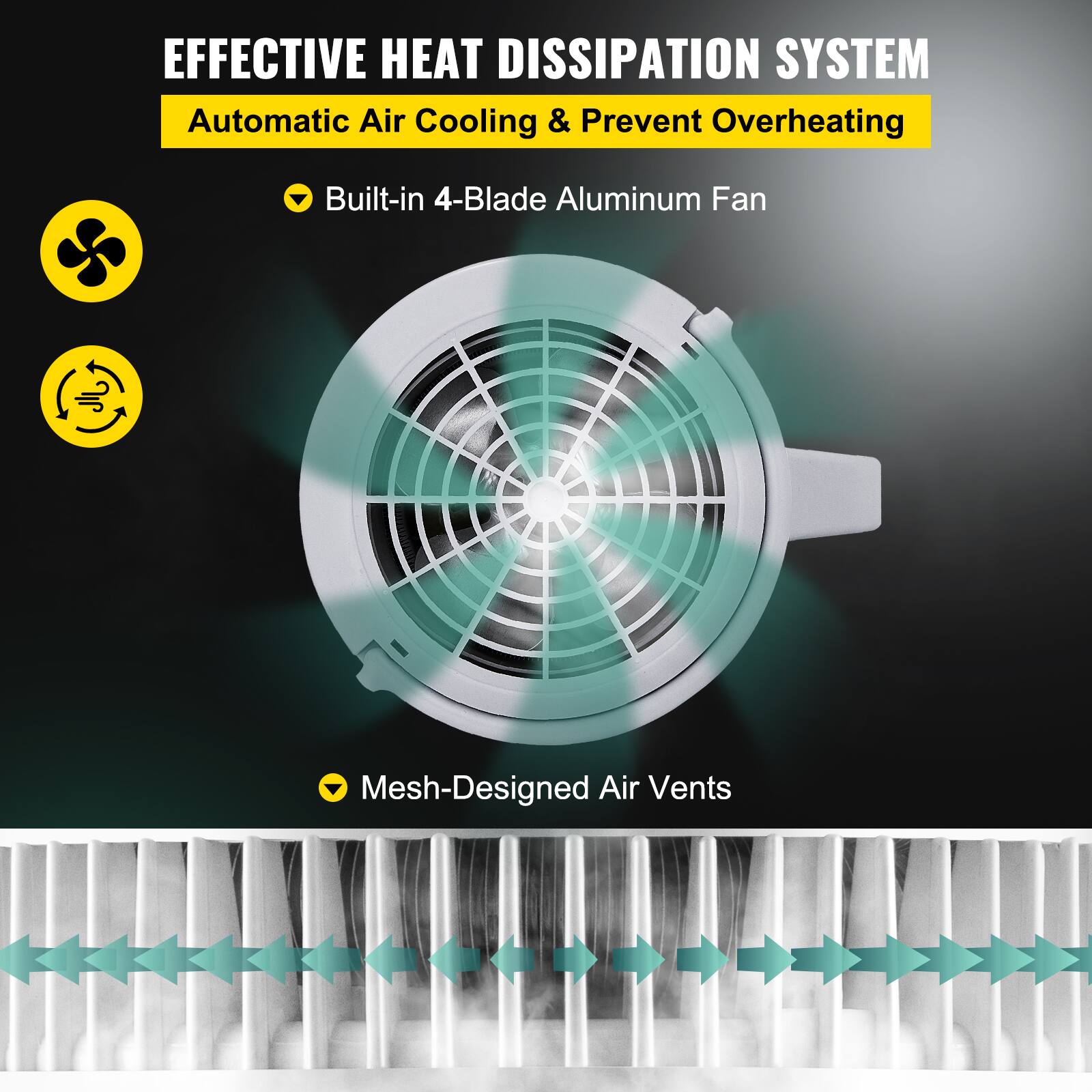 EFFECTIVE HEAT DISSIPATION SYSTEM  
Automatic Air Cooling & Prevent Overheating  

- Built-in 4-Blade Aluminum Fan  
- Mesh-Designed Air Vents