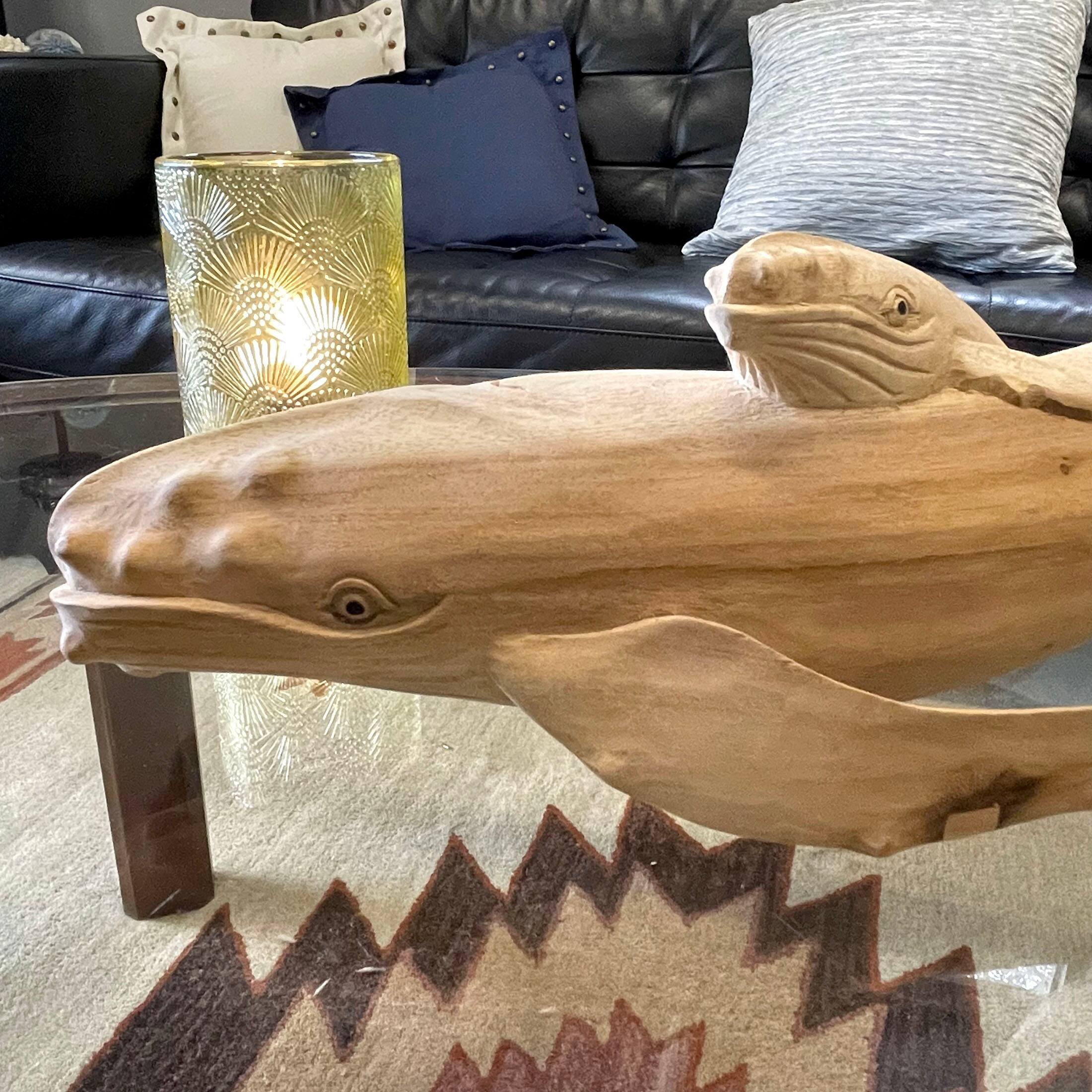 Alt View 4. Contrast Inc. - Beautiful Carved Teak Wood Humpback Whale and Baby Tabletop Statue 20 Inch - Natural.