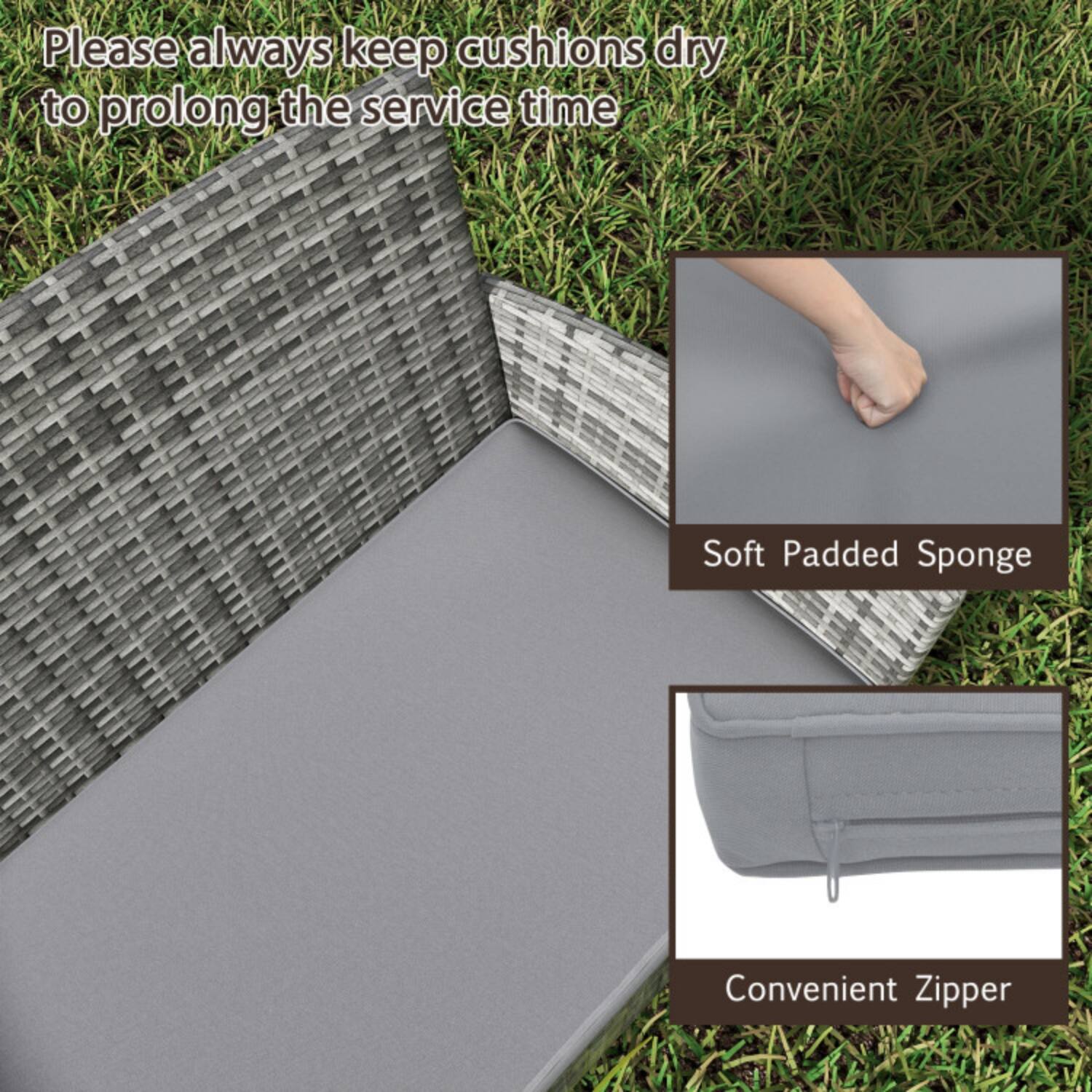 Please always keep cushions dry to prolong the service time.

- Soft Padded Sponge
- Convenient Zipper