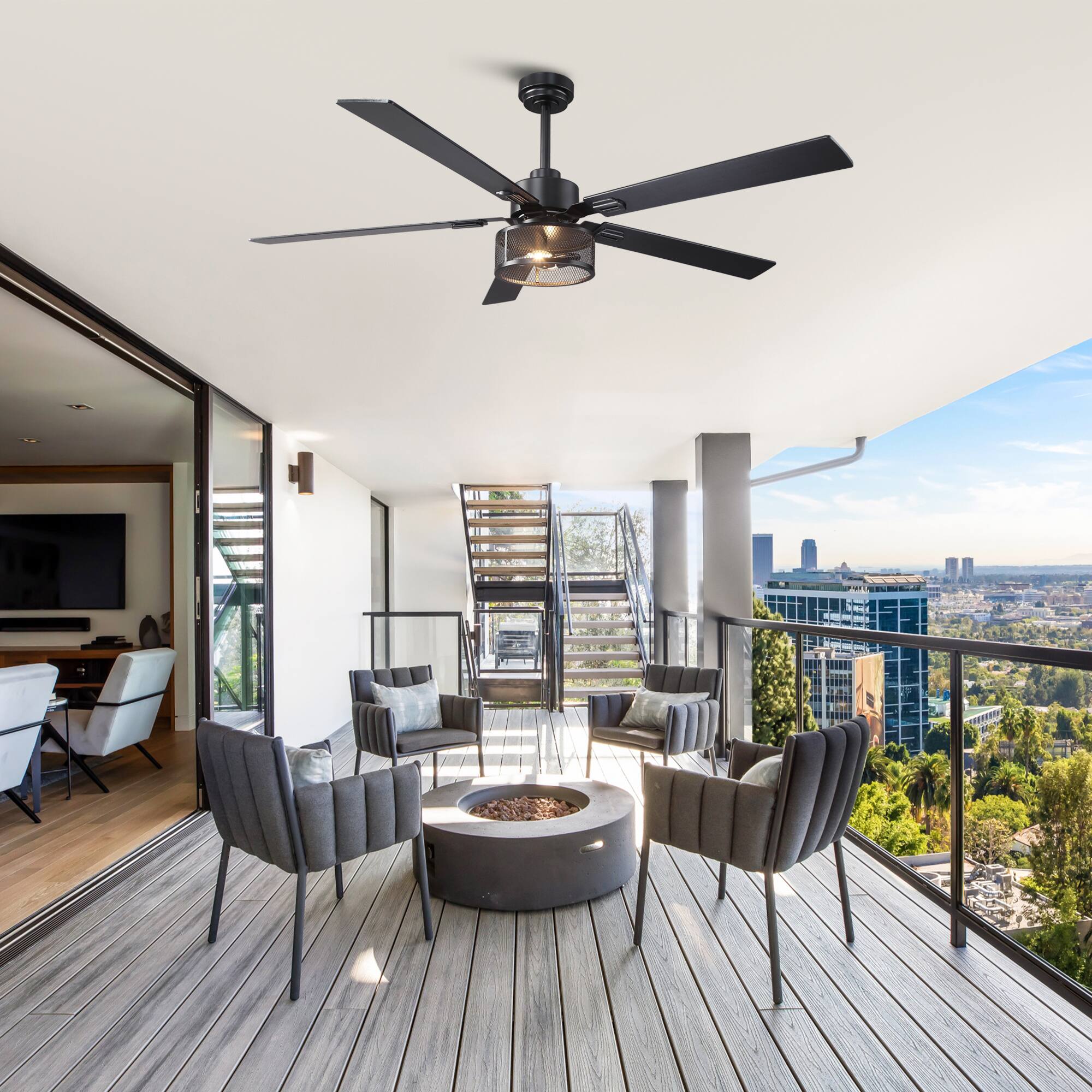 Back. Vaczon - 60" Black Reversible Wood 5-Blade Smart Ceiling Fan with Light and APP Control - Matte Black.