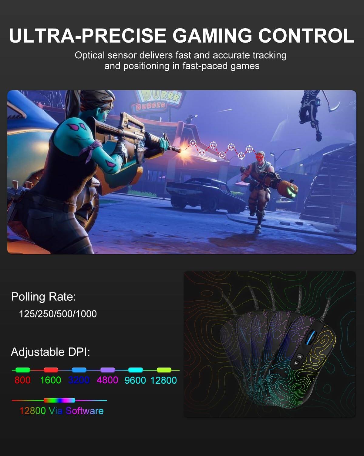 ULTRA-PRECISE GAMING CONTROL  
Optical sensor delivers fast and accurate tracking and positioning in fast-paced games  

Polling Rate: 125/250/500/1000  
Adjustable DPI: 800 1600 3200 4800 9600 12800 12800 Via Software