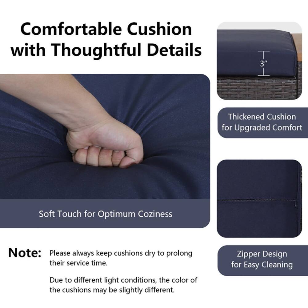 Comfortable Cushion with Thoughtful Details

- 3" Thickened Cushion for Upgraded Comfort
- Soft Touch for Optimum Coziness

Note: Please always keep cushions dry to prolong their service time. Due to different light conditions, the color of the cushions may be slightly different.

Zipper Design for Easy Cleaning