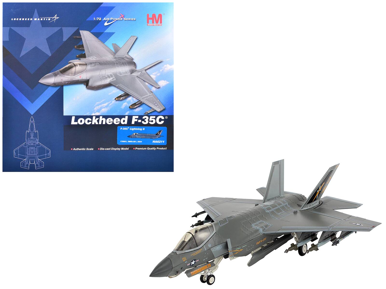Lockheed Martin  
1:72 Air-Power Series  
HM Hobby Masters  
Lockheed F-35C  
F-35C Lightning II  
179091, HA6211  
Authentic Scale  
Die-cast Display Model  
Premium Quality Product  
Thunderbolts