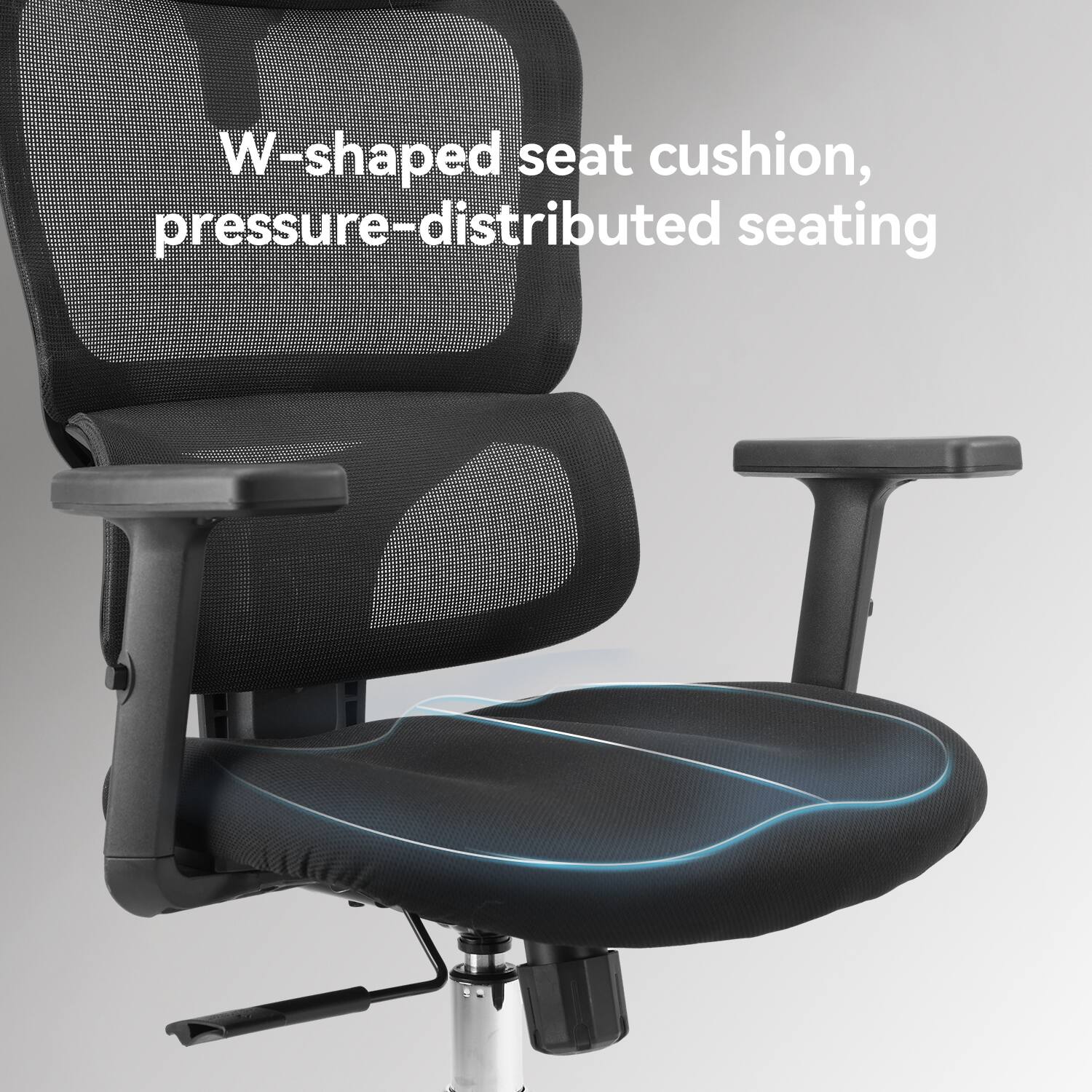 W-shaped seat cushion, pressure-distributed seating