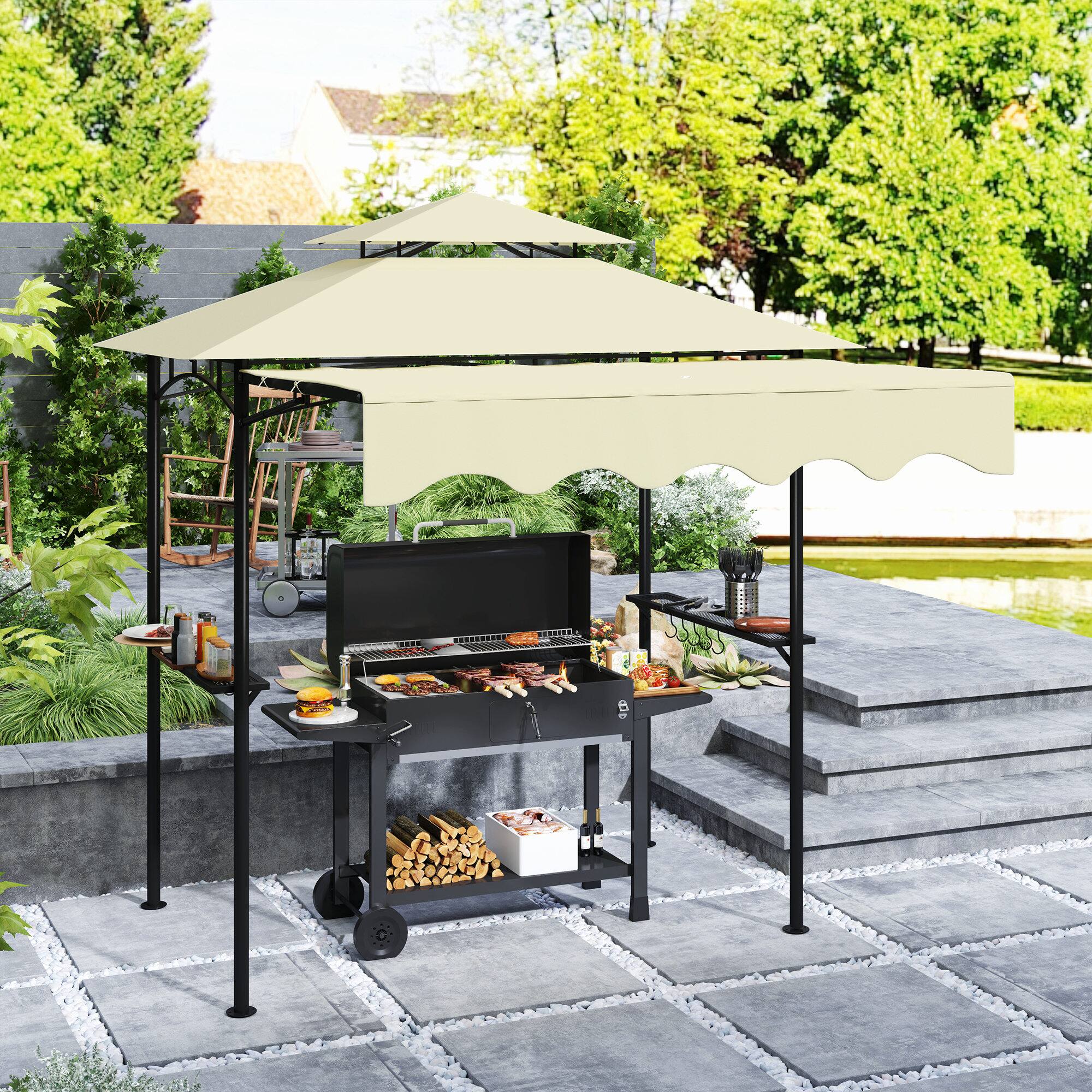 Angle. Outsunny - 8' x 5' Grill Gazebo, Double Tiered Outdoor BBQ Gazebo with Side Awning, 2 Side Shelves and 6 Hooks for Patio, Deck - Beige.