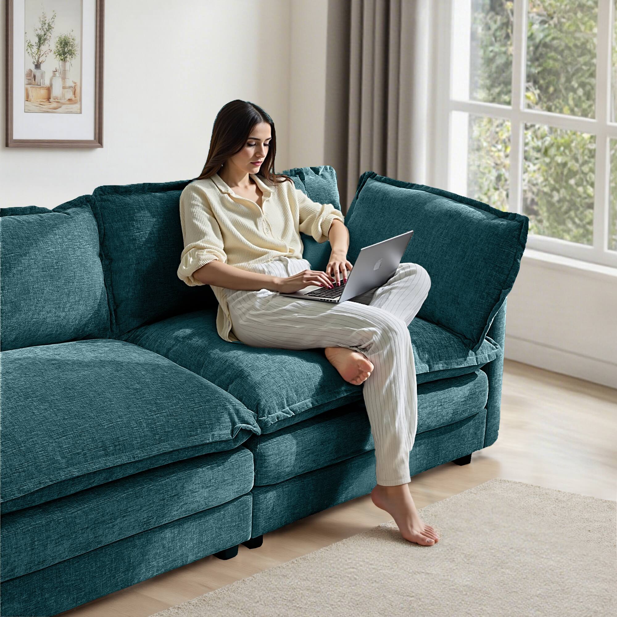 Alt View 3. KERDOM - Furniture 3 Seat Sofa for Living Room, Convertible Chenille Sectional Sofa Couch for Apartment Studio, Free Pillows - Green.