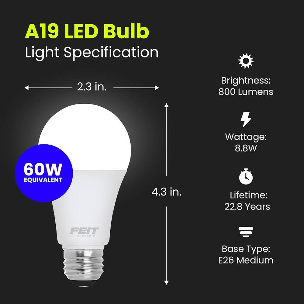 A19 LED Bulb  
Light Specification  

- Diameter: 2.3 in.  
- Height: 4.3 in.  
- Brightness: 800 Lumens  
- Wattage: 8.8W (60W Equivalent)  
- Lifetime: 22.8 Years  
- Base Type: E26 Medium  

FEIT ELECTRIC