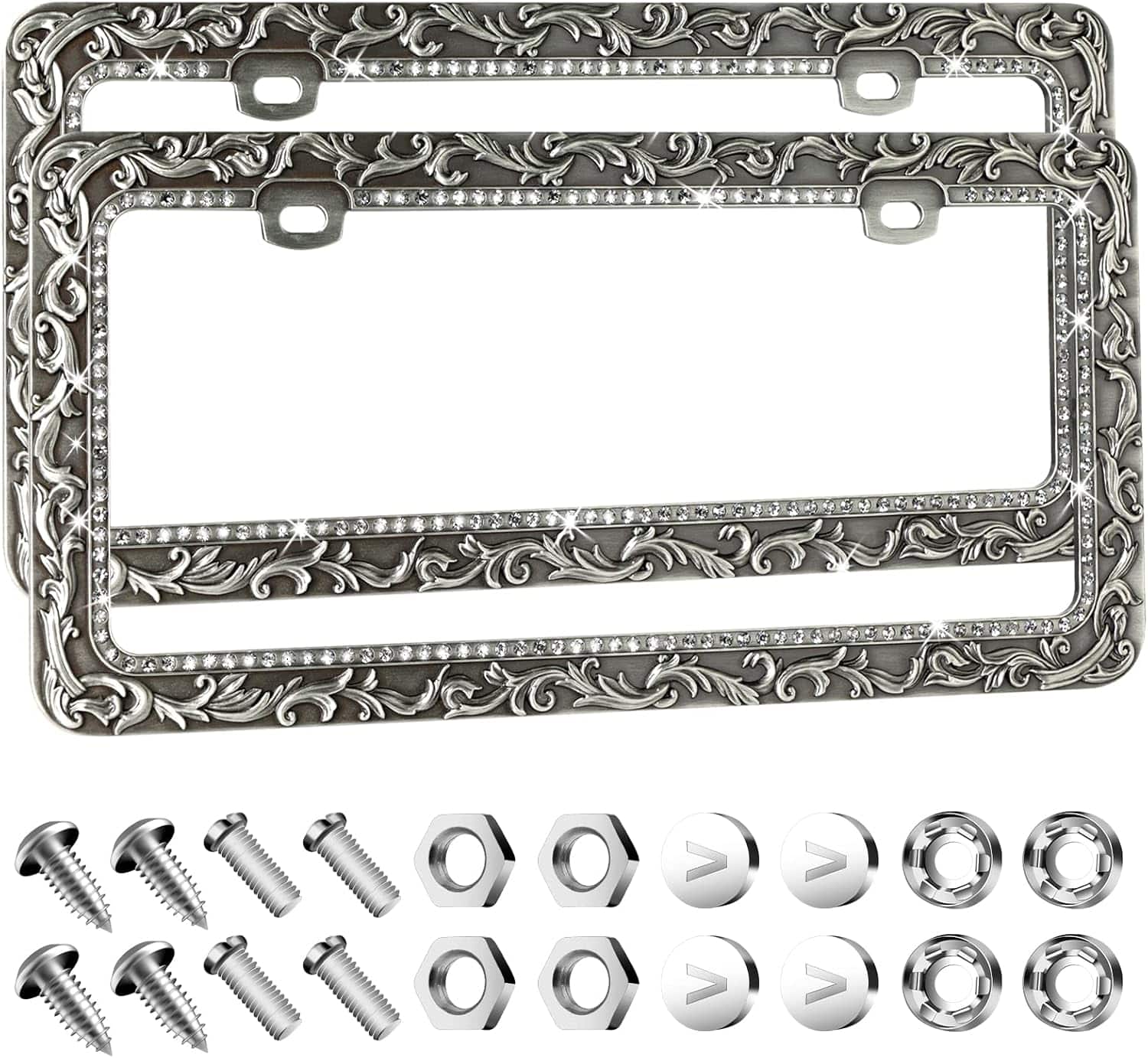 Valor - Metal Car License Plate Frames, Universal 2 Holes Automotive Replacement Parts Plate Holder(2 Pack) - Silver