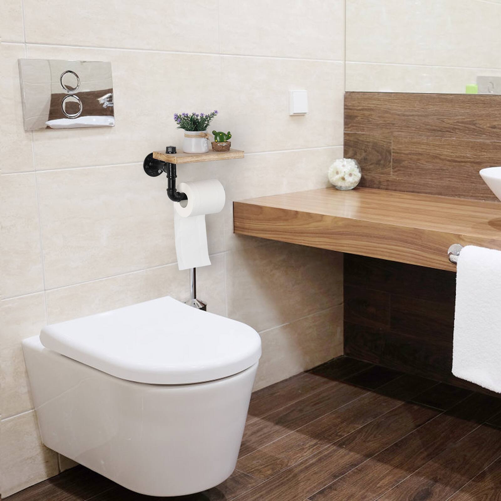 Alt View 1. Oumilen - Industrial Pipe Single Paper Towel Holder with Natural Wood Shelf – Wall Mounted for Kitchen Bathroom.