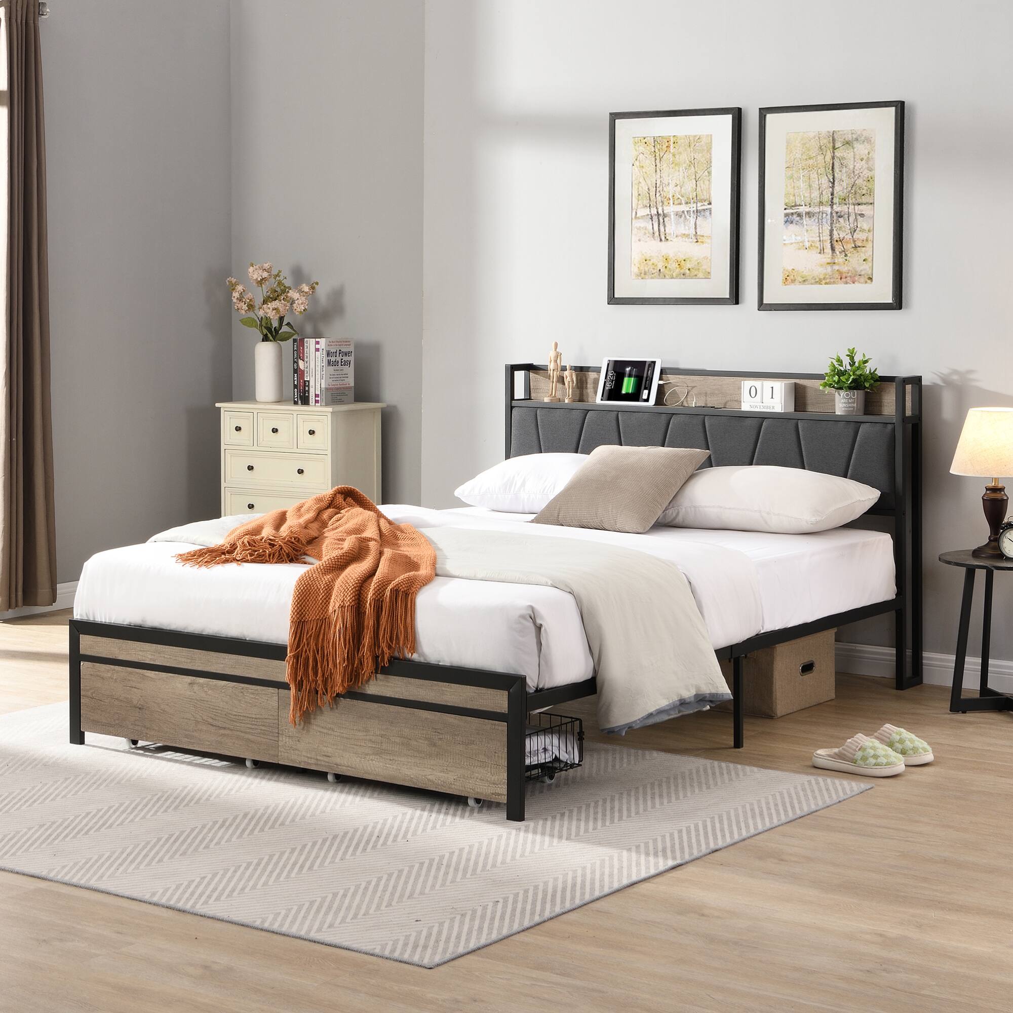 Angle. GOODSILO - Full Size Metal Platform Bed Frame with Upholstered Headboard Footboard Drawers USB Ports Underbed Storage Easy Assembly - Black+Grey.