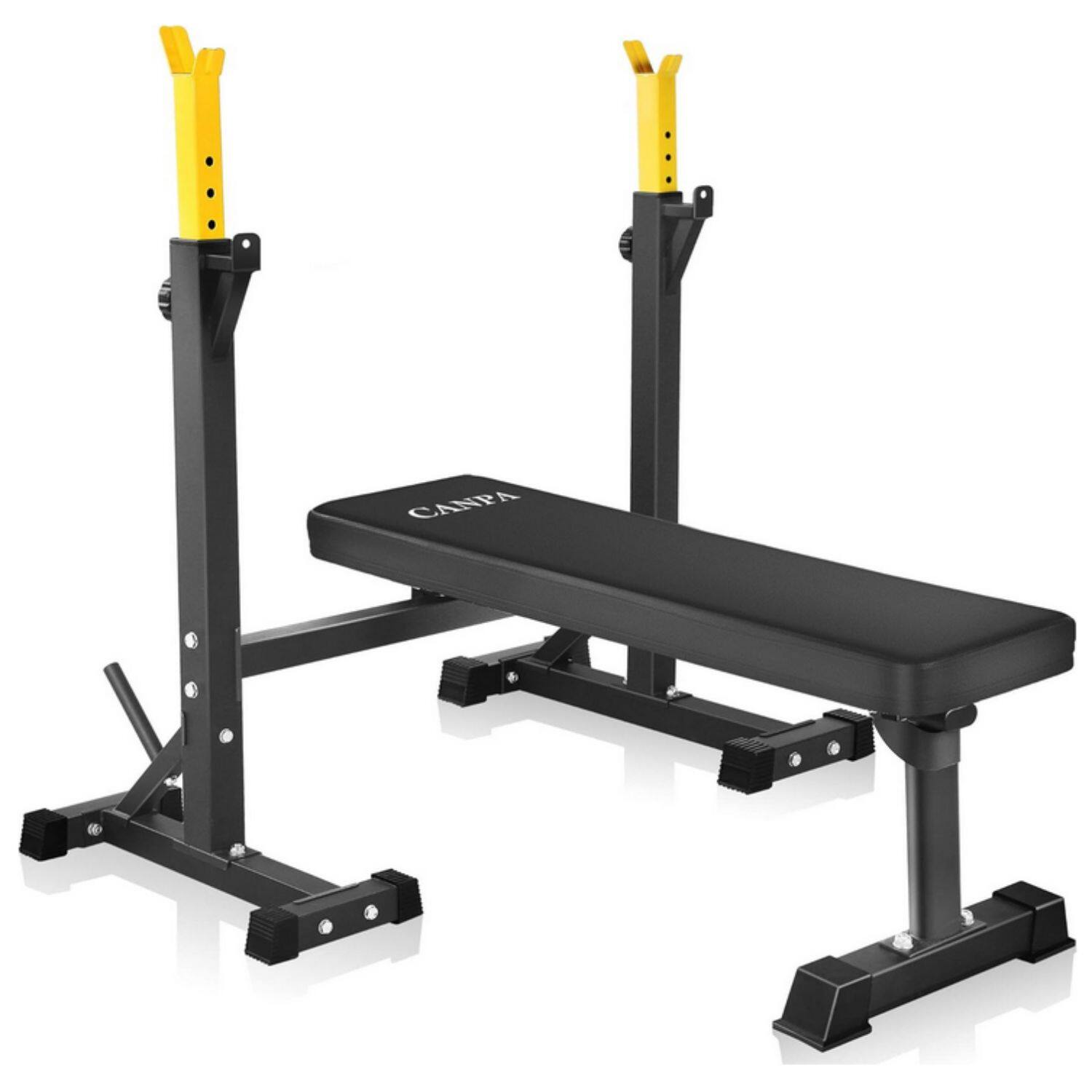 KERDOM - Adjustable Height Weightlifting Set, Weight Bench + Squat Rack, Foldable Fitness Bench Press Barbell Rack Stand Home Gym - Yellow