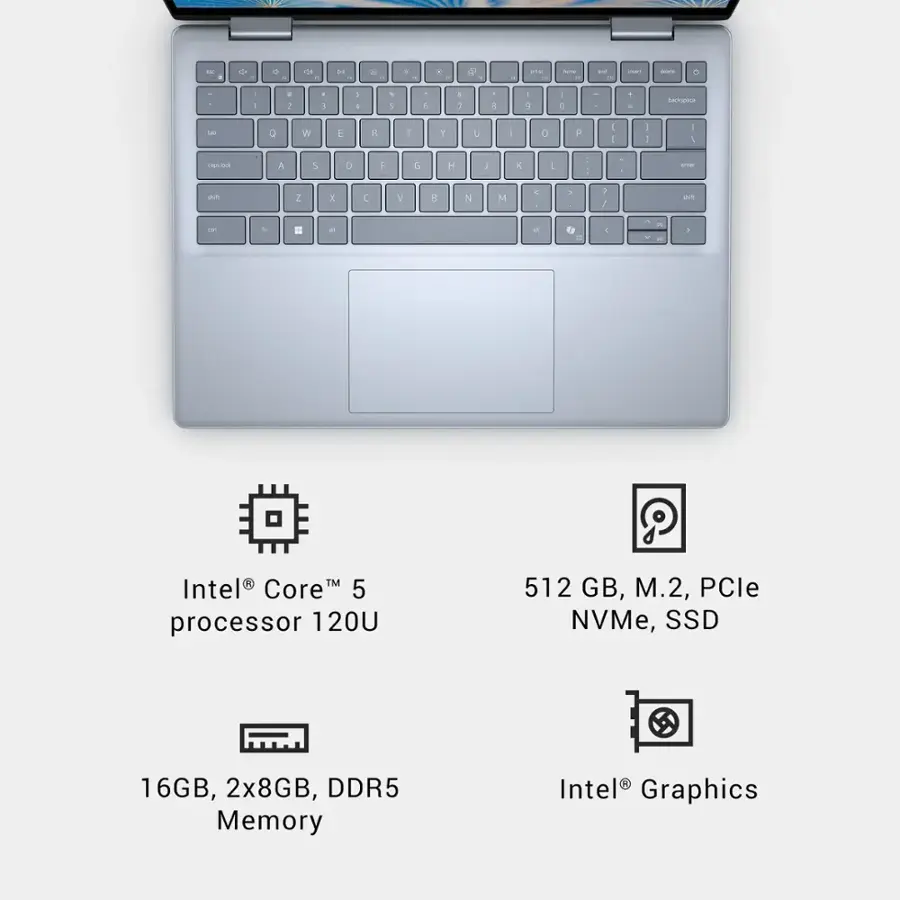 * Intel Core 5 processor 1200U
* 512 GB, M.2, PCle NVMe, SSD
* 16 GB, 2x8 GB, DDR5 Memory
* Intel Graphics
