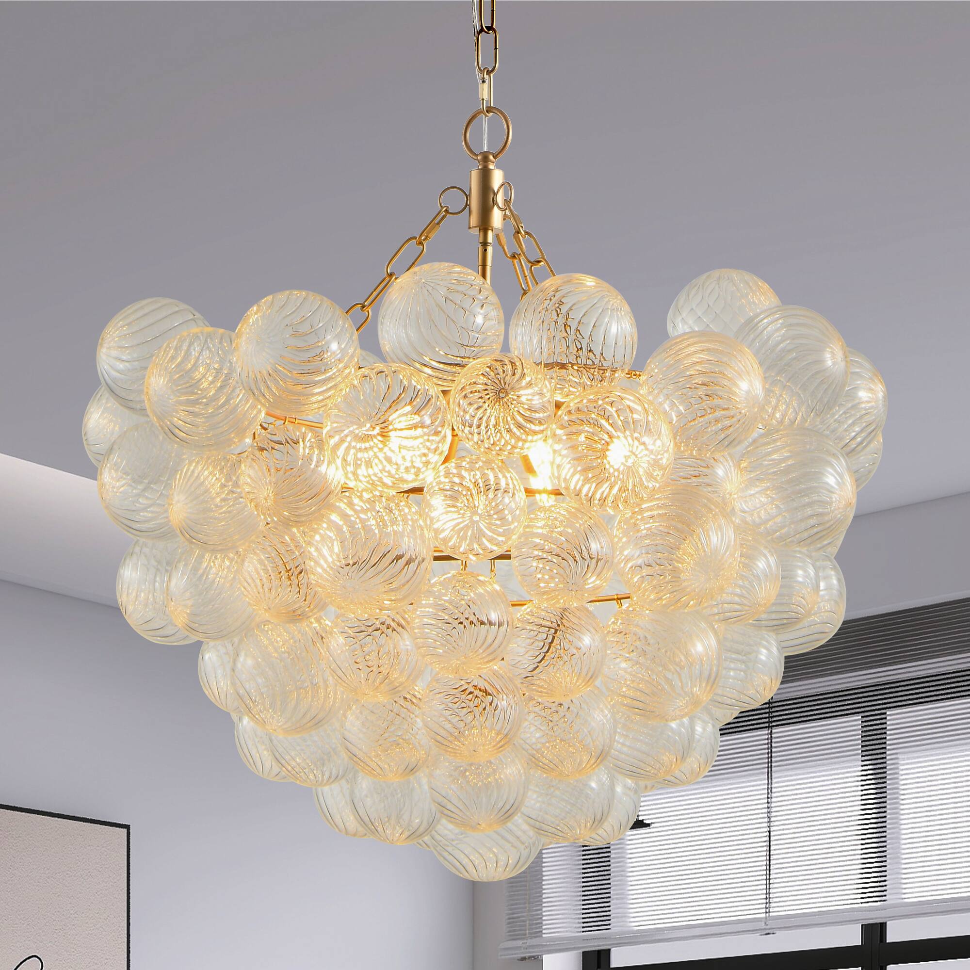 Alt View 2. Tiramisubest - 27.5-Inch Gold Pendant Light Chandelier with Threaded Clear Glass Globe Shade – Adjustable Height (No Bulbs) - Gold.