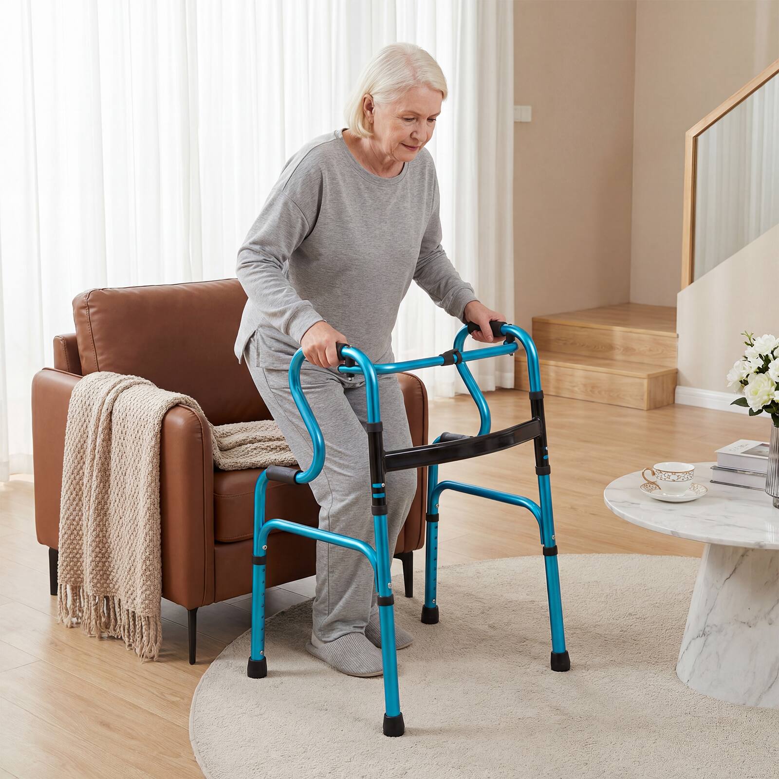 Alt View 1. Costway - Costway One-button Folding Walker Aluminum Walking Frame with Adjustable Height - Navy.