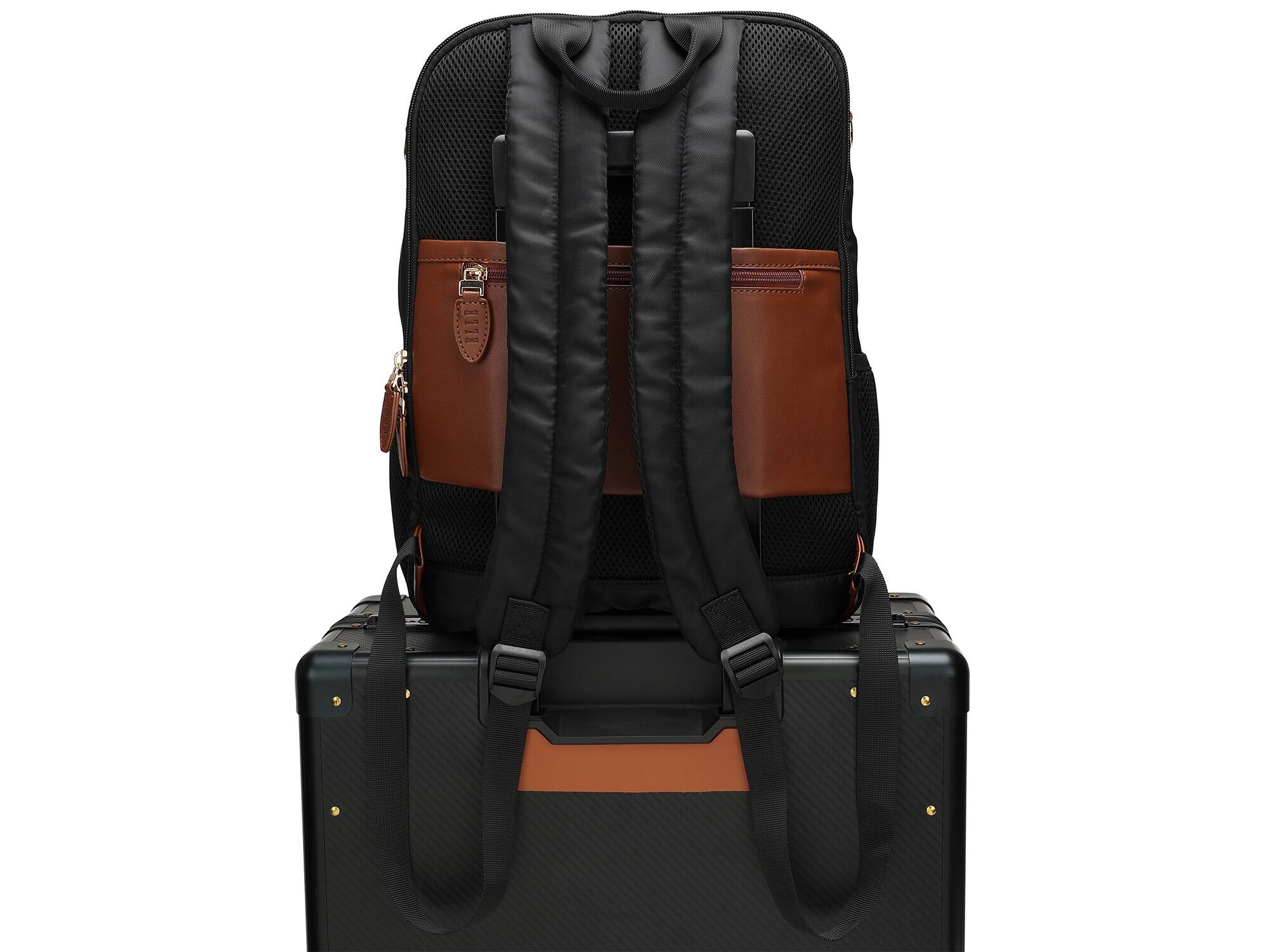 Left. Elle - ELLE Luxe Journey 18L Twill and Vegan Leather Backpack - Black - Black.