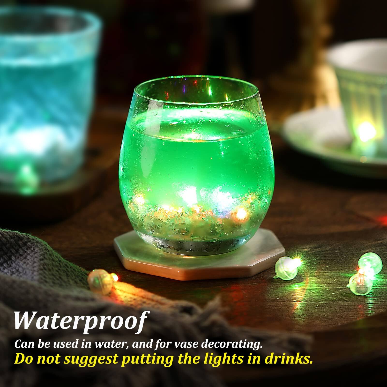 Waterproof  
Can be used in water, and for vase decorating.  
Do not suggest putting the lights in drinks.