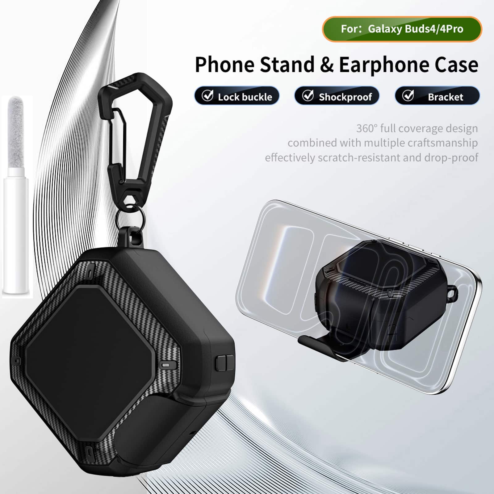 Dteck - for Samsung Galaxy Buds 4 / Galaxy Buds 4 Pro Case with Lock Clip and Phone Stand, Comes with Hook and Cleaning Pen - Black