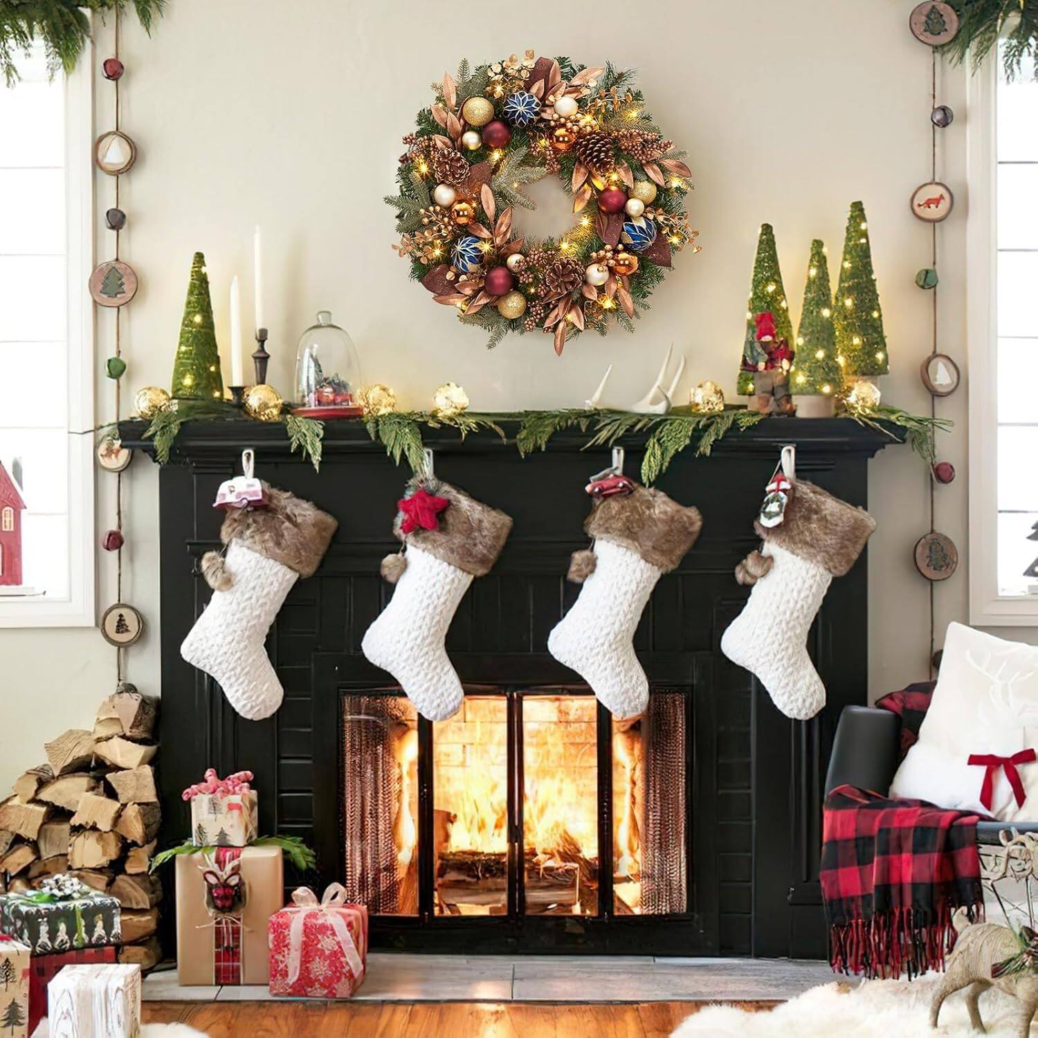 Alt View 2. GARVEE - 24 Inch Christmas Wreath, Artificial Xmas Wreath with Pine Cones and Christmas Balls, for Front Door Decor - Green.