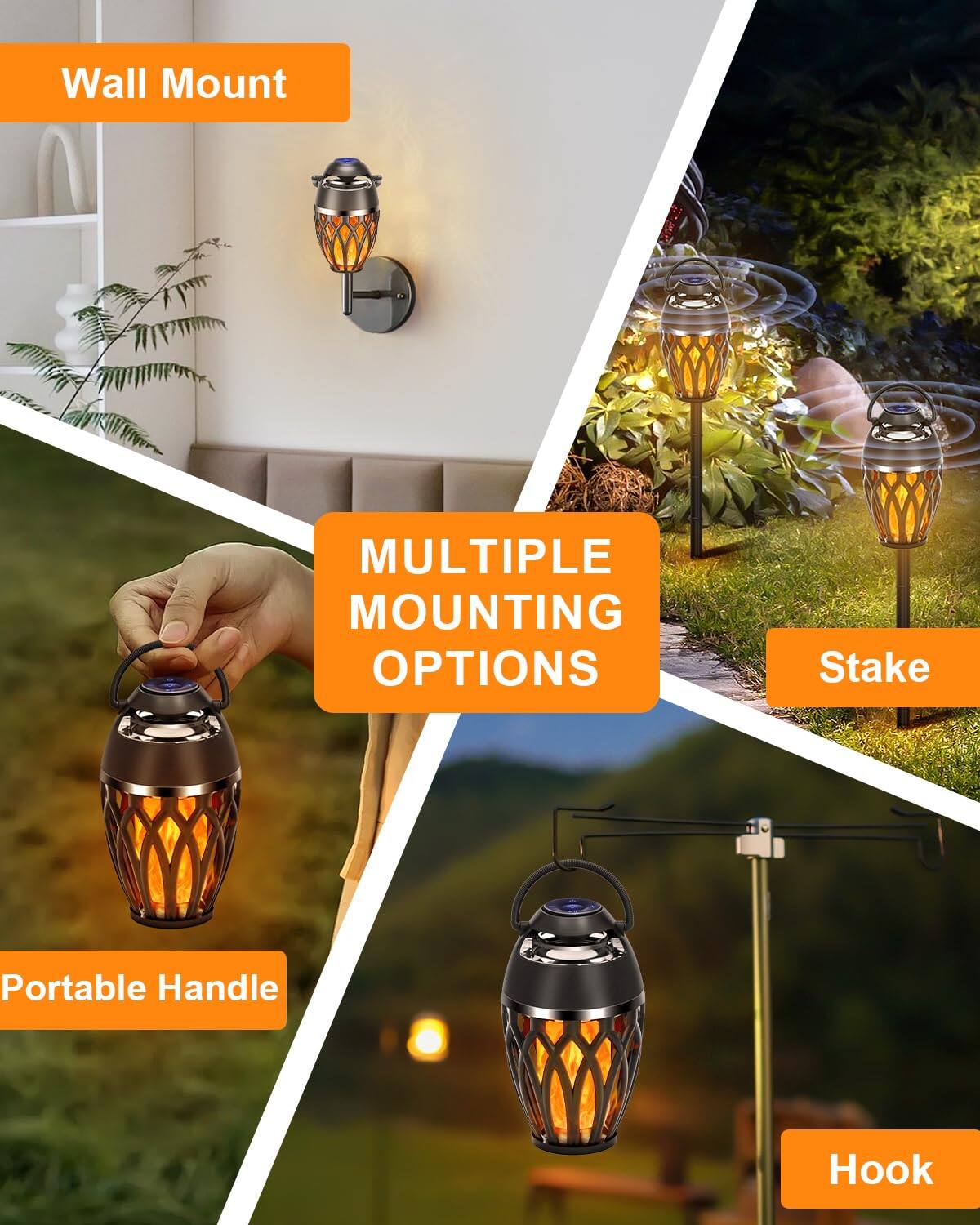 - Wall Mount
- Multiple Mounting Options
  - Stake
  - Portable Handle
  - Hook