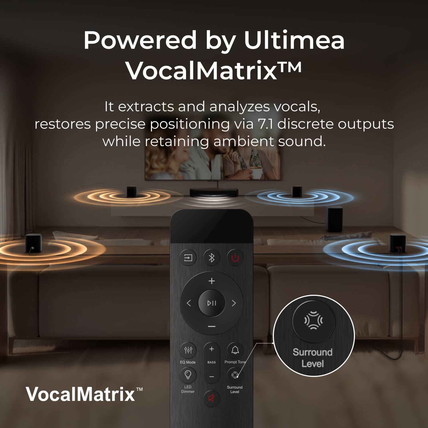 Powered by Ultimaea VocalMatrix™  
It extracts and analyzes vocals, restores precise positioning via 7.1 discrete outputs while retaining ambient sound.  

+ DII - DI Mode  
+ BASS Prompt Ton  
+ Surround Level  
VocalMatrix™ LED Dimmer x Sumound Level