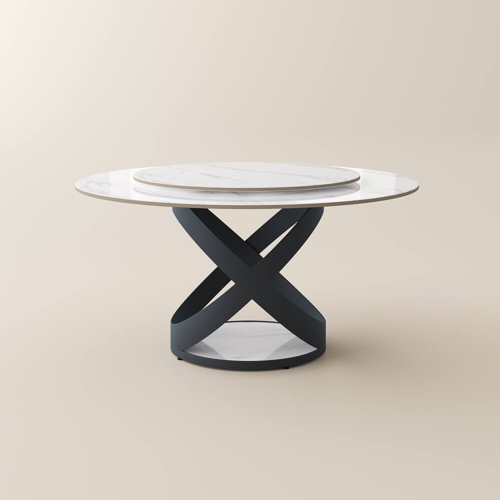 Alt View 9. POVISON - 59" Modern Glossy Dining Table for 6 with Lazy Susan, White Round Sintered Stone Tabletop with Black X Carbon Steel Base - White Glossy Sintered Stone with Black.
