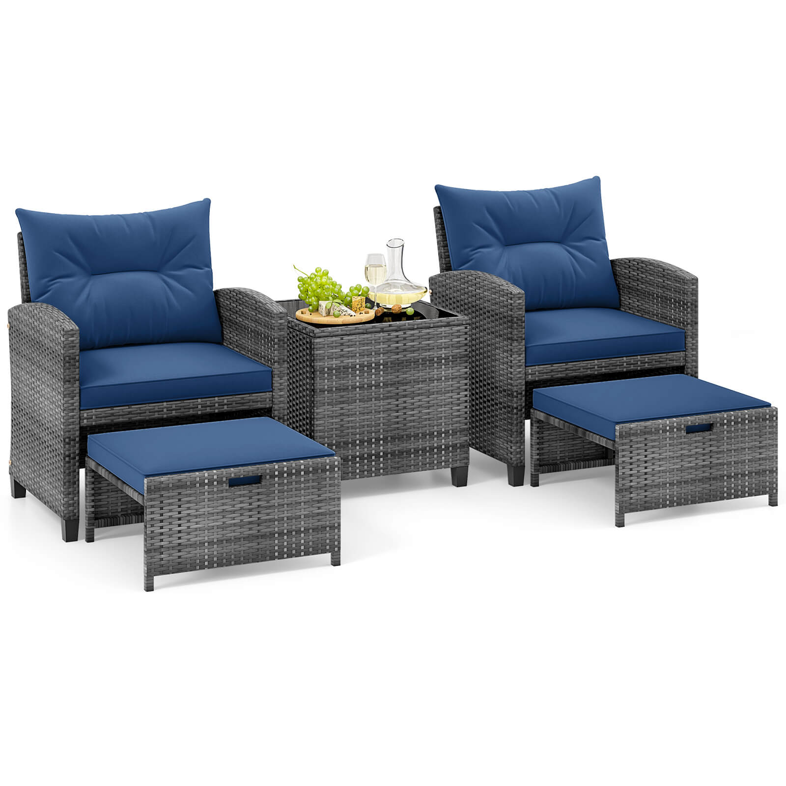 Alt View 1. Costway - 5 Piece Patio Rattan Furniture with 2 Ottomans & Tempered Glass Coffee Table - Navy + Mix Grey.