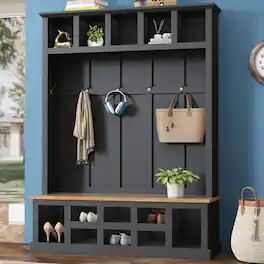 Whisen - Hall Tree with Storage Bench and Shoe Cabinet,Entryway Organizer with 6 Hooks - Black