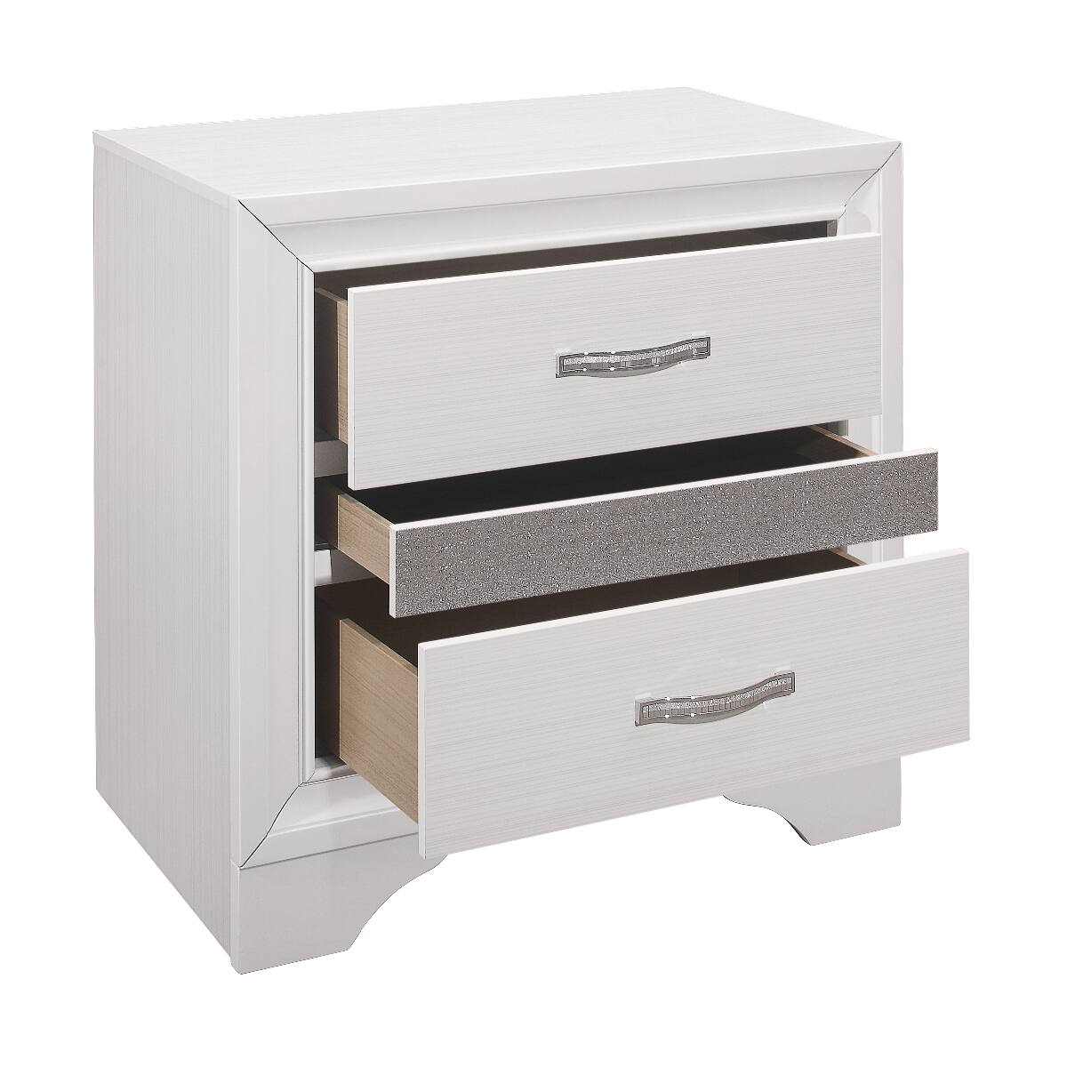 Back. Loheer - Loheer White Nightstand with Drawers, Hidden Jewelry Storage, Silver Glitter Finish - White and Silver Glitter.