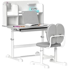 Qaba - Kids Desk and Chair Set, Height Adjustable, School Study Desk and Chair, Tilt Desktop, Storage Drawer - Gray
