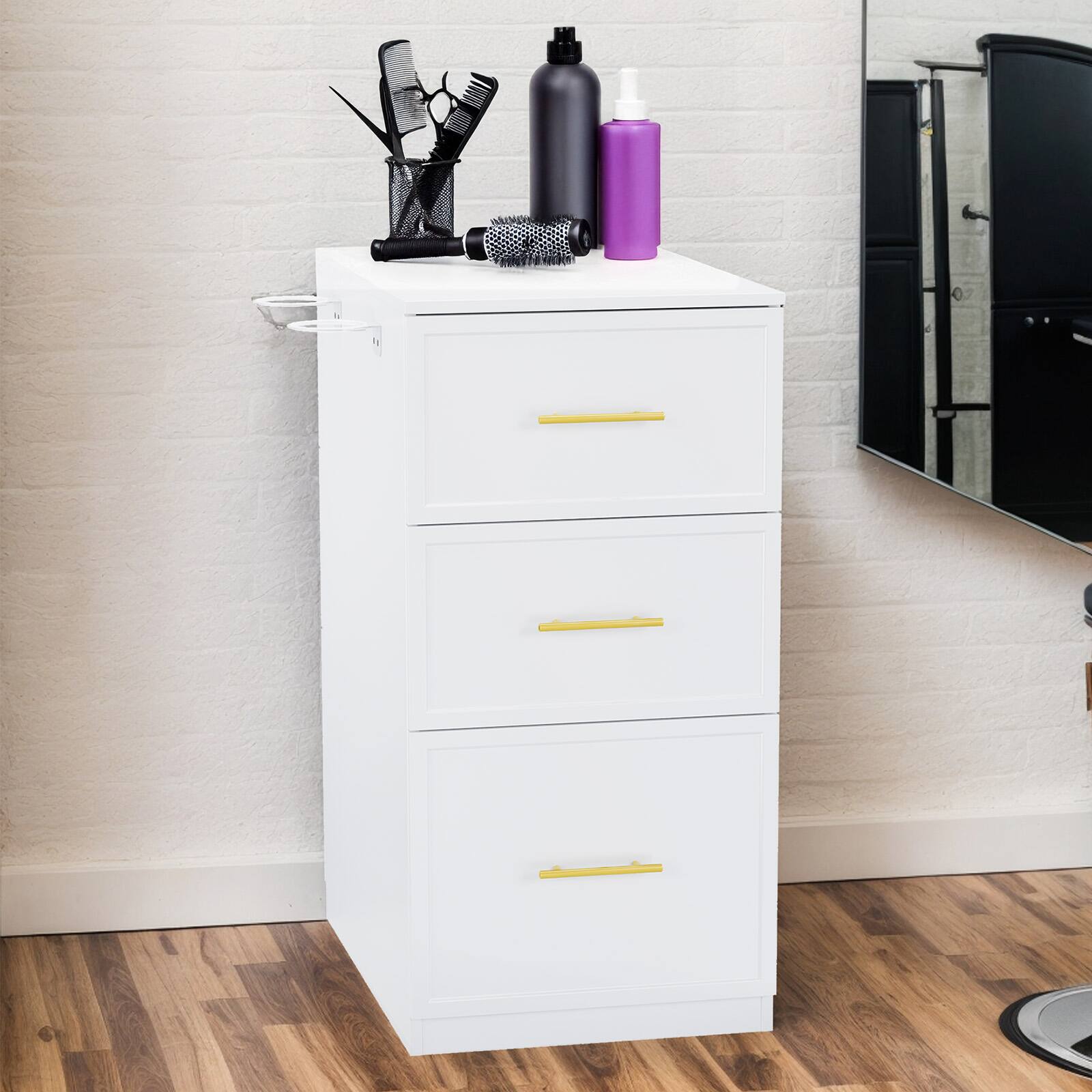 Left. Winado - Salon Station, Double-Sided Styling Barber Station for Hair Stylist, Storage Cabinet with 6 Drawers & Hair Dryer Holders - White.