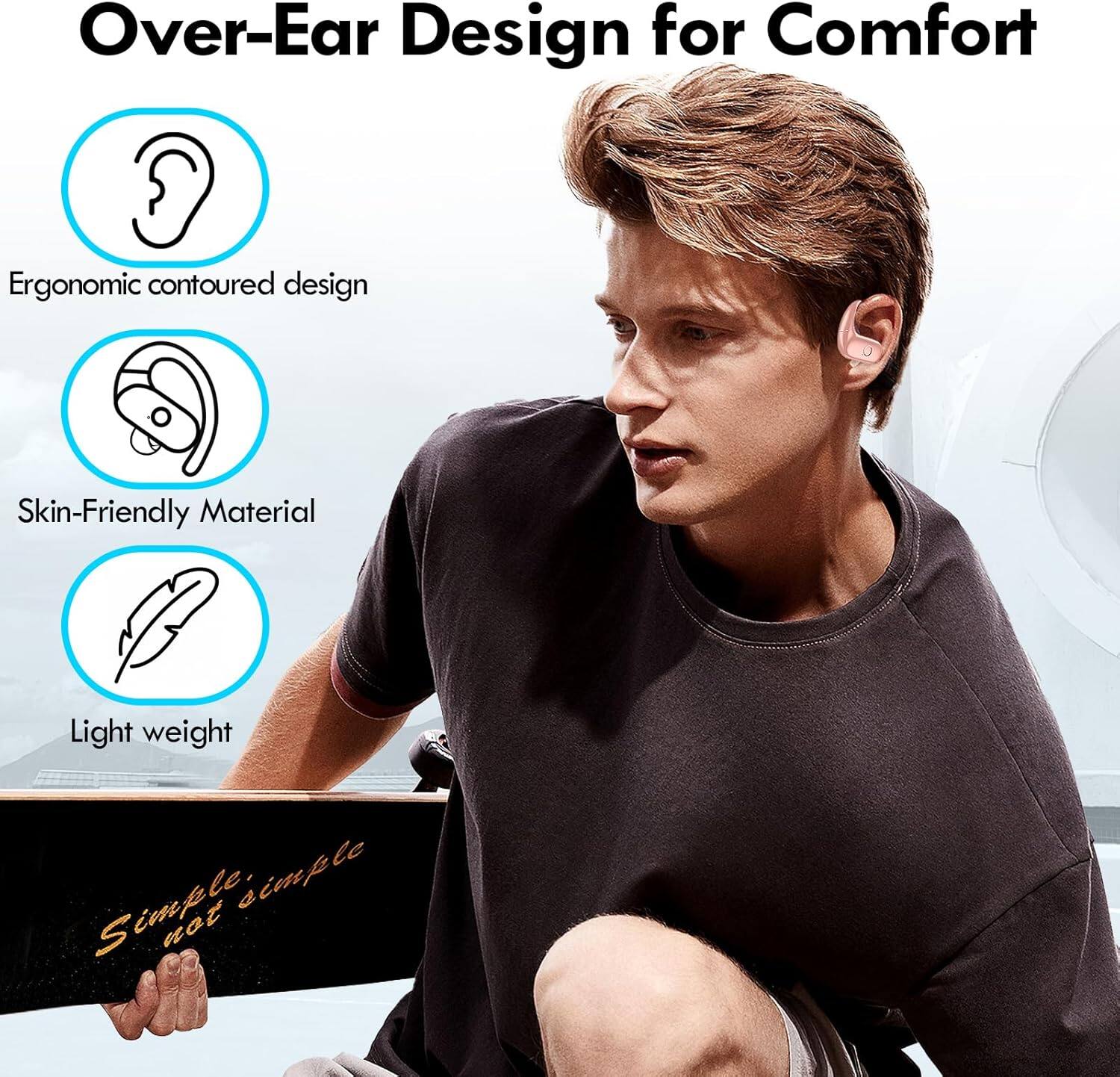 Over-Ear Design for Comfort  
Ergonomic contoured design  
Skin-Friendly Material  
Light weight  
Simple, not simple