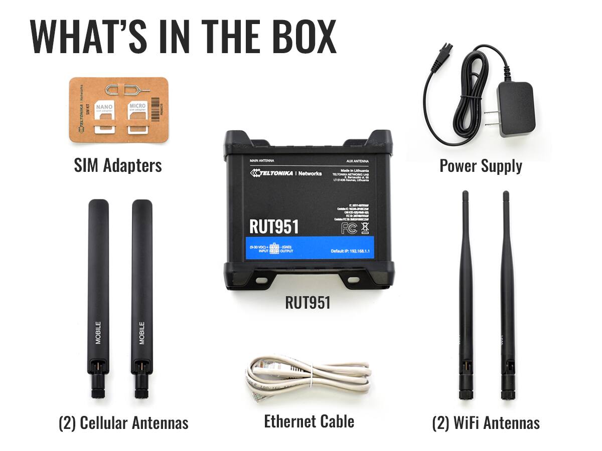 WHAT'S IN THE BOX

- SIM Adapters
- Power Supply
- RUT951
- (2) Cellular Antennas
- Ethernet Cable
- (2) WiFi Antennas