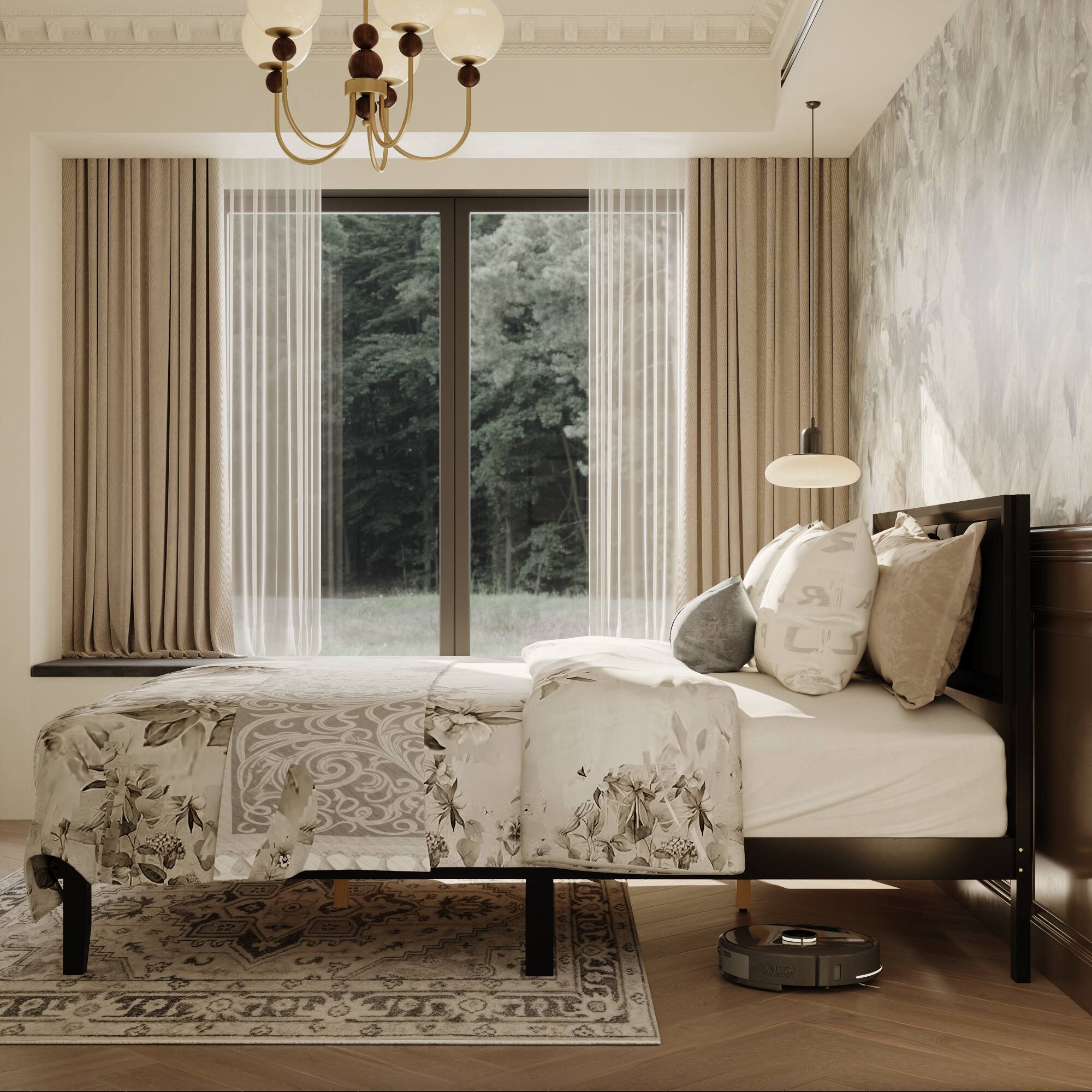 Alt View 6. Famapy - Famapy Solid Wood Bed Frame - Upholstered Headboard, Rubber Wood, Enhanced Stability - Black.