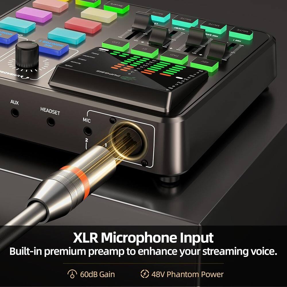 XLR Microphone Input  
Built-in premium preamp to enhance your streaming voice.  
60dB Gain  
48V Phantom Power