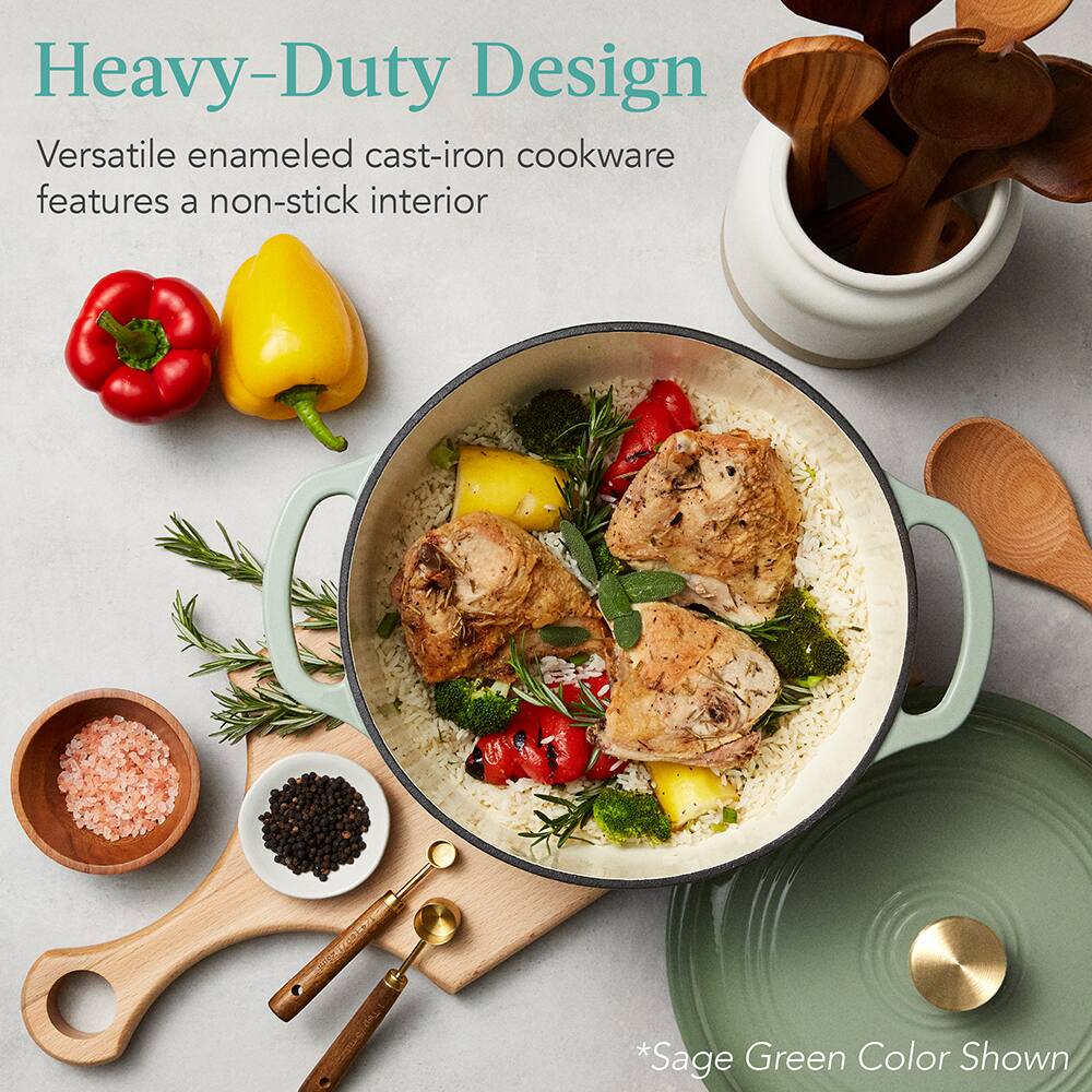 Heavy-Duty Design  
Versatile enameled cast-iron cookware features a non-stick interior  
*Sage Green Color Shown