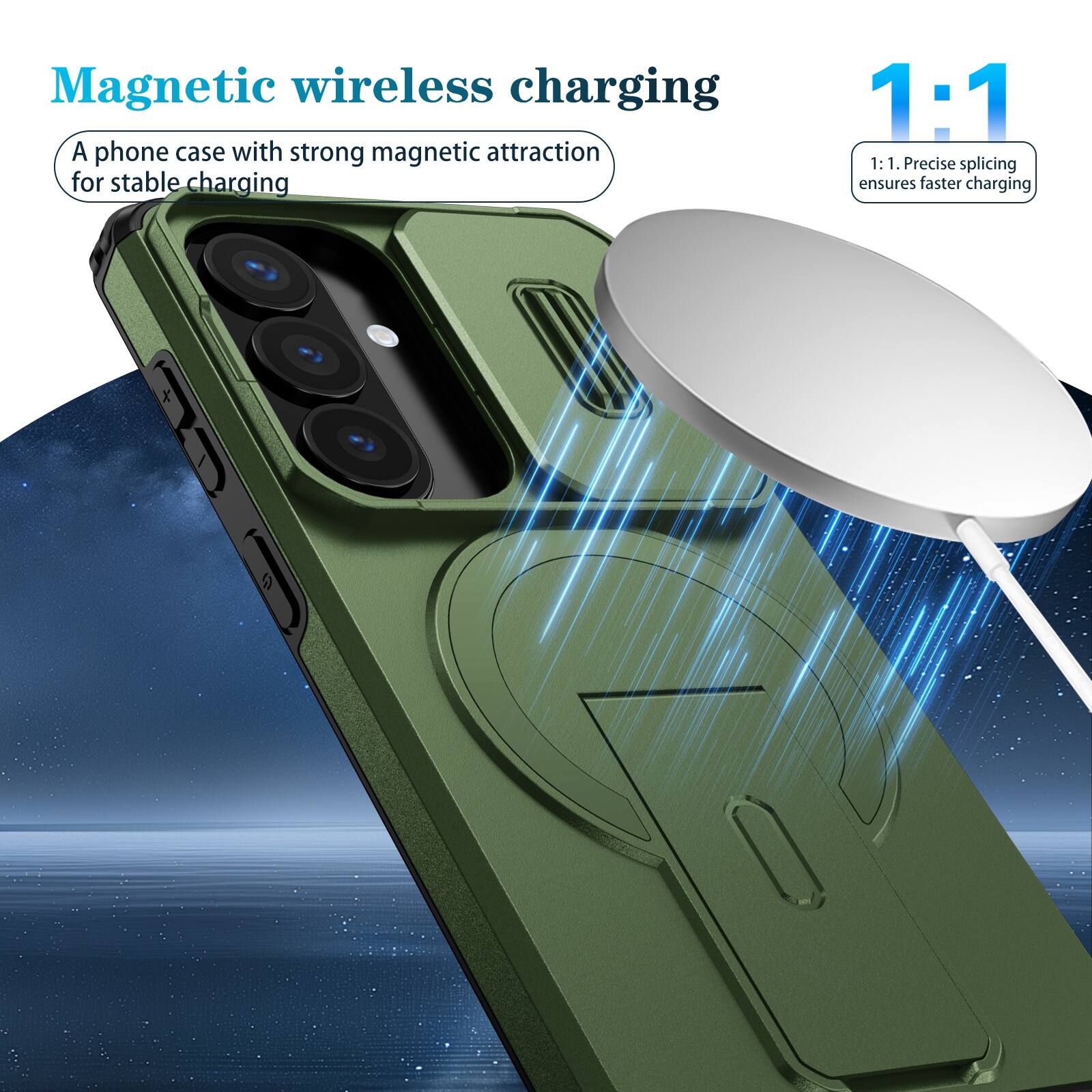 Magnetic wireless charging  
A phone case with strong magnetic attraction for stable charging  

1:1  
1:1. Precise splicing ensures faster charging