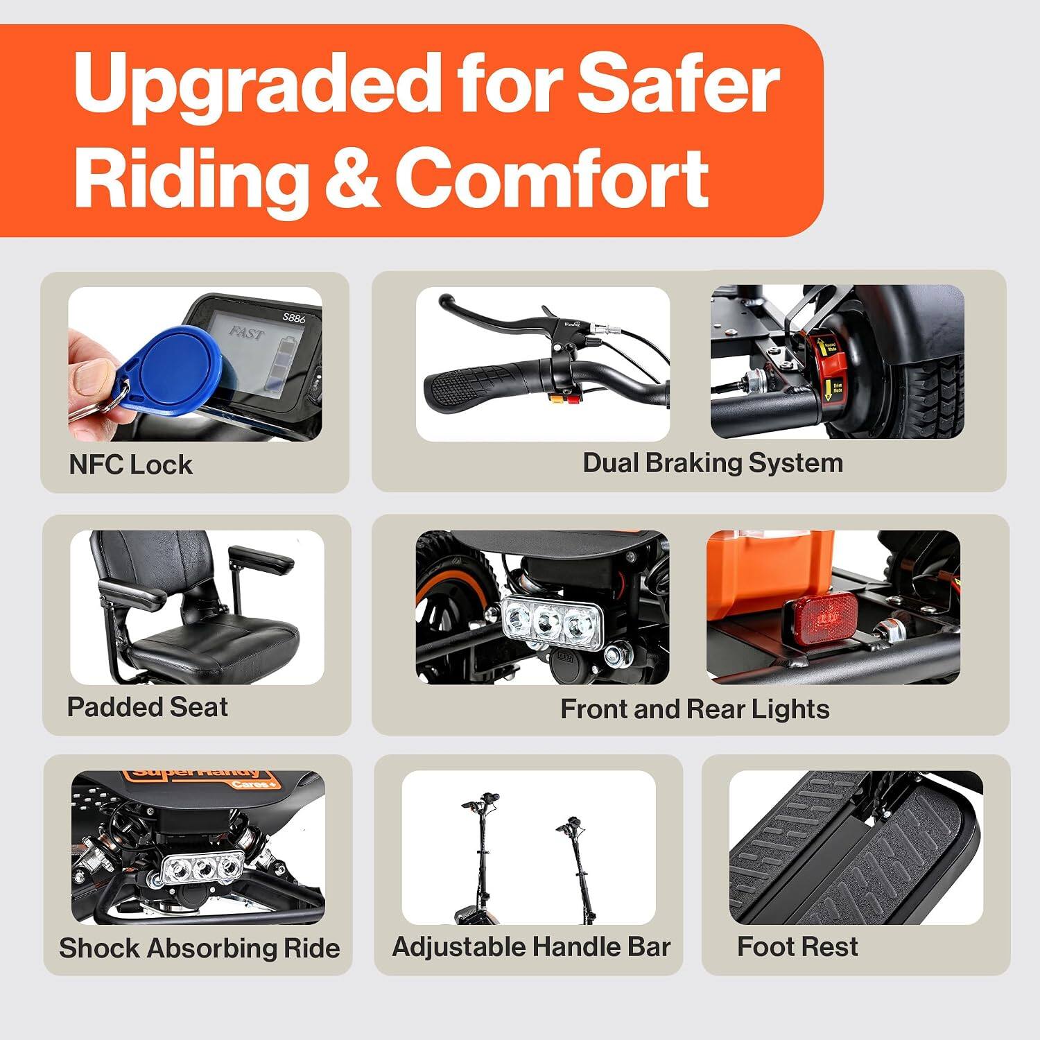 Upgraded for Safer Riding & Comfort

- NFC Lock
- Dual Braking System
- Padded Seat
- Front and Rear Lights
- Shock Absorbing Ride
- Adjustable Handle Bar
- Foot Rest