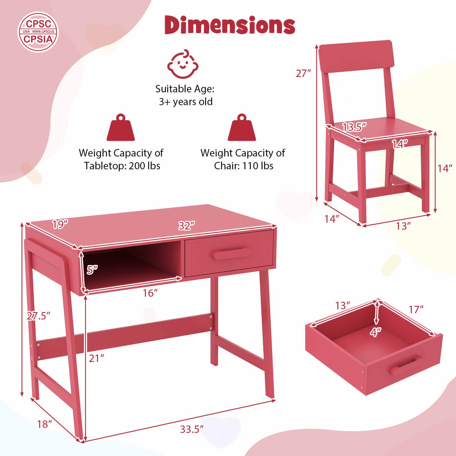 Dimensions: Suitable Age: 3+ years old. Weight Capacity of Tabletop: 200 lbs. Weight Capacity of Chair: 110 lbs. 13.5" 14" 14" 19" 32" 14" 13" 5" 27.5" 16" 13" 4" 17" 21" 18" 33.5".