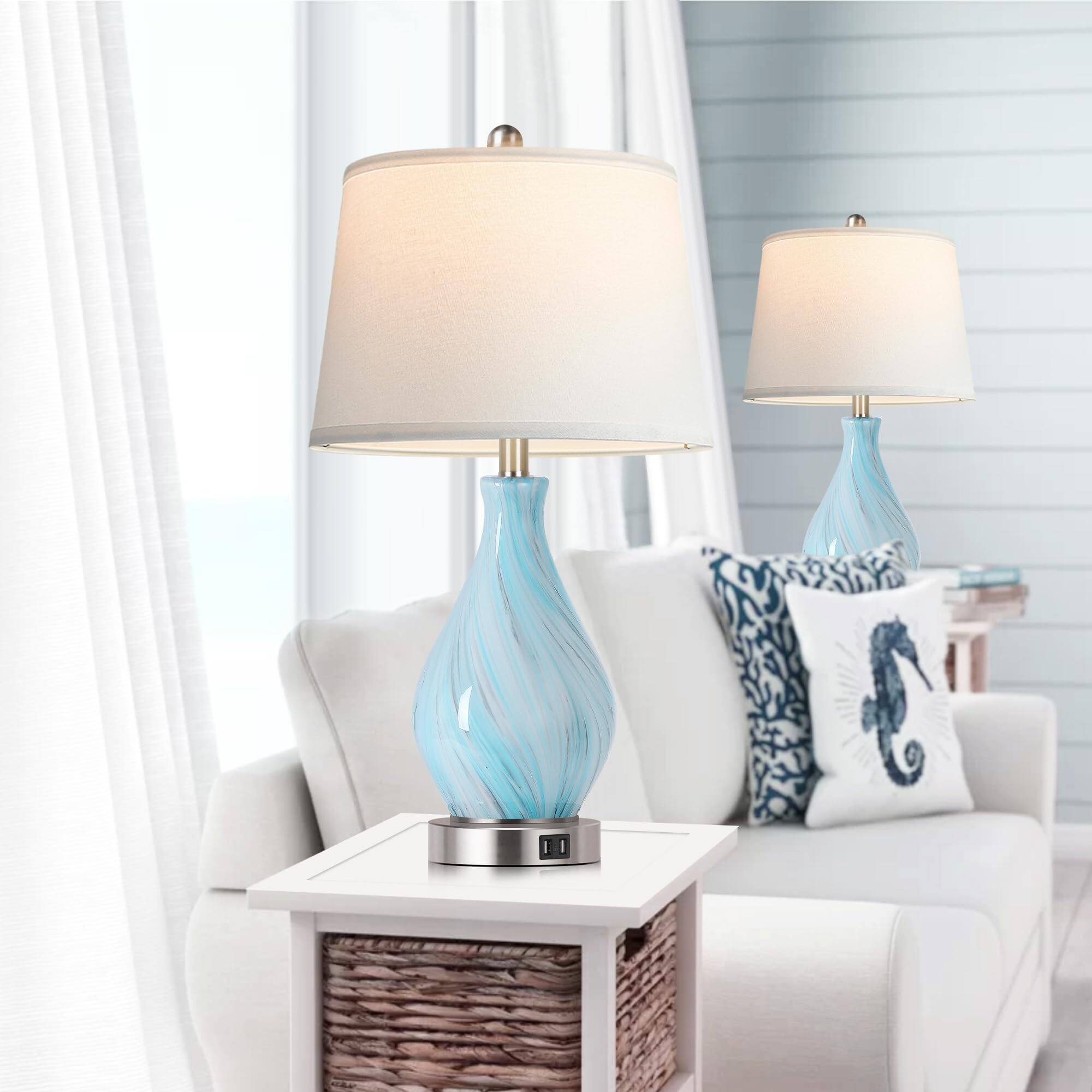 Alt View 2. Pawtners - Set of 2 Glass Table Lamps, 22" Blue Gray Swirl Design with USB Ports & 3-Way Dimmable Touch Control.