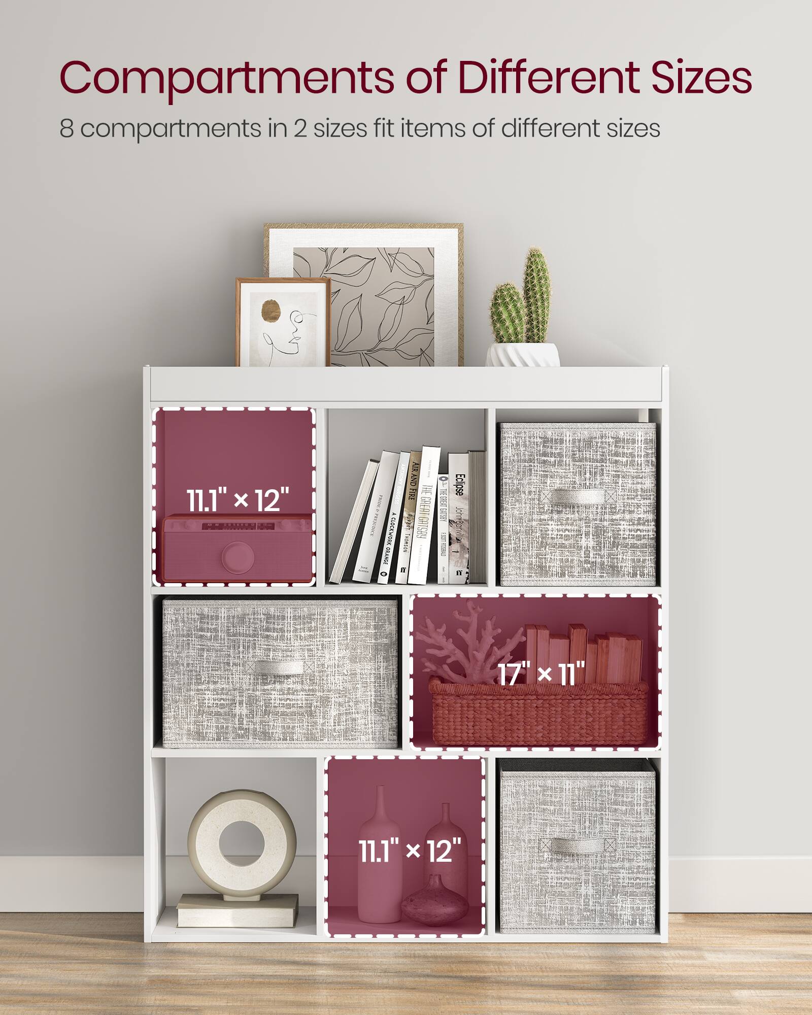 Compartments of Different Sizes

8 compartments in 2 sizes fit items of different sizes

11.1" x 12"

17" x 11"

11.1" x 12"