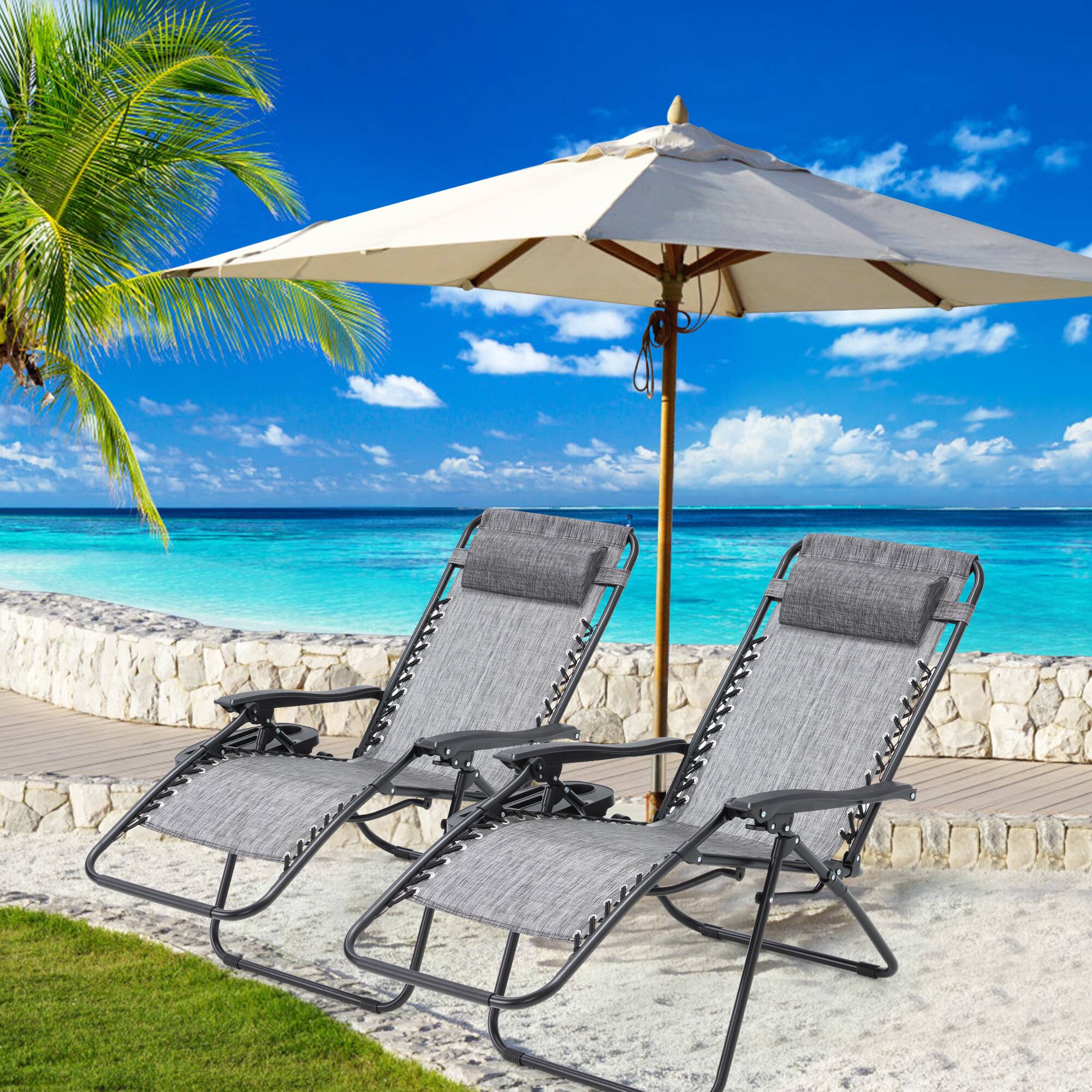 Alt View 4. U-HOMY - Zero Gravity Reclining Lounge Chair Set of 2 Outdoor Folding Recliners with Cup Holder and Weather Resistant Fabric - Ice Grey.