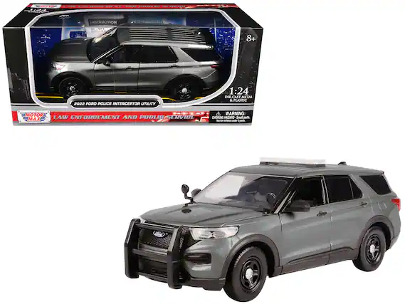 Sure, here is the corrected and grouped text from the image:
---
**Front of the Box:**
- **Top Left Corner:**
- "MOTOR MAX"
- **Top Right Corner:**
- "8+"
- **Main Text:**
- "2022 FORD POLICE INTERCEPTOR UTILITY"
- "LAW ENFORCEMENT AND PUBLIC SERVICE"
- **Bottom Left Corner:**
- "MOTOR MAX"
- **Bottom Right Corner:**
- "1:24 DIE-CAST METAL & PLASTIC"
- **Warning:**
- "WARNING: CHOKING HAZARD - Small parts. Not for children under 3 years."
---
**Side of the Box:**
- **Top Left Corner:**
- "INSTRUCTION"
- **Top Right Corner:**
- "1:24 DIE-CAST METAL & PLASTIC"
- **Main Text:**
- "2022 FORD POLICE INTERCEPTOR UTILITY"
- "LAW ENFORCEMENT AND PUBLIC SERVICE"
- **Warning:**
- "WARNING: CHOKING HAZARD - Small parts. Not for children under 3 years