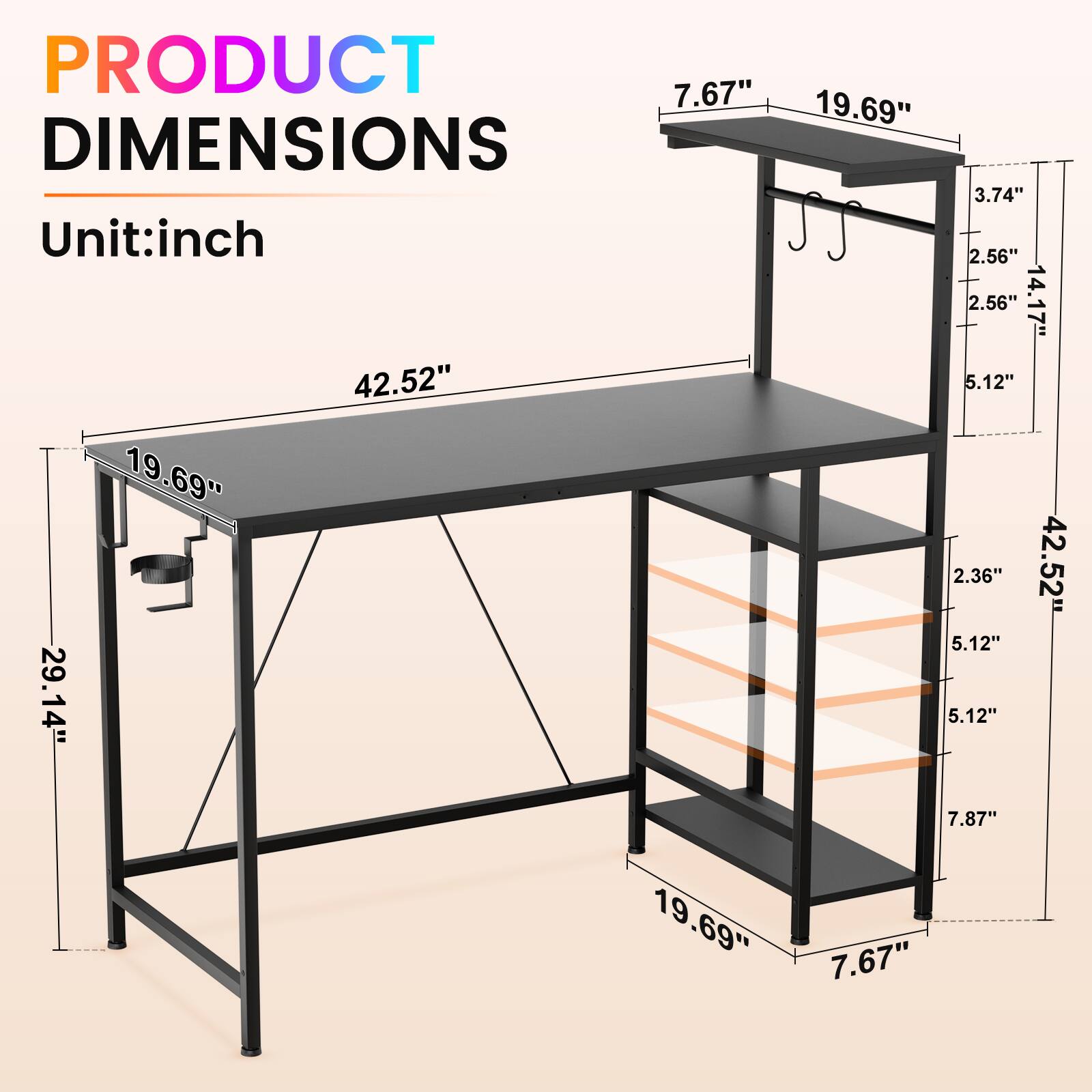 PRODUCT  
DIMENSIONS  
Unit: inch  

- 7.67"  
- 19.69"  
- 3.74"  
- 2.56"  
- 2.56"  
- 14.17"  
- 42.52"  
- 5.12"  
- 2.36"  
- 42.52"  
- 5.12"  
- 29.14"  
- 5.12"  
- 7.87"