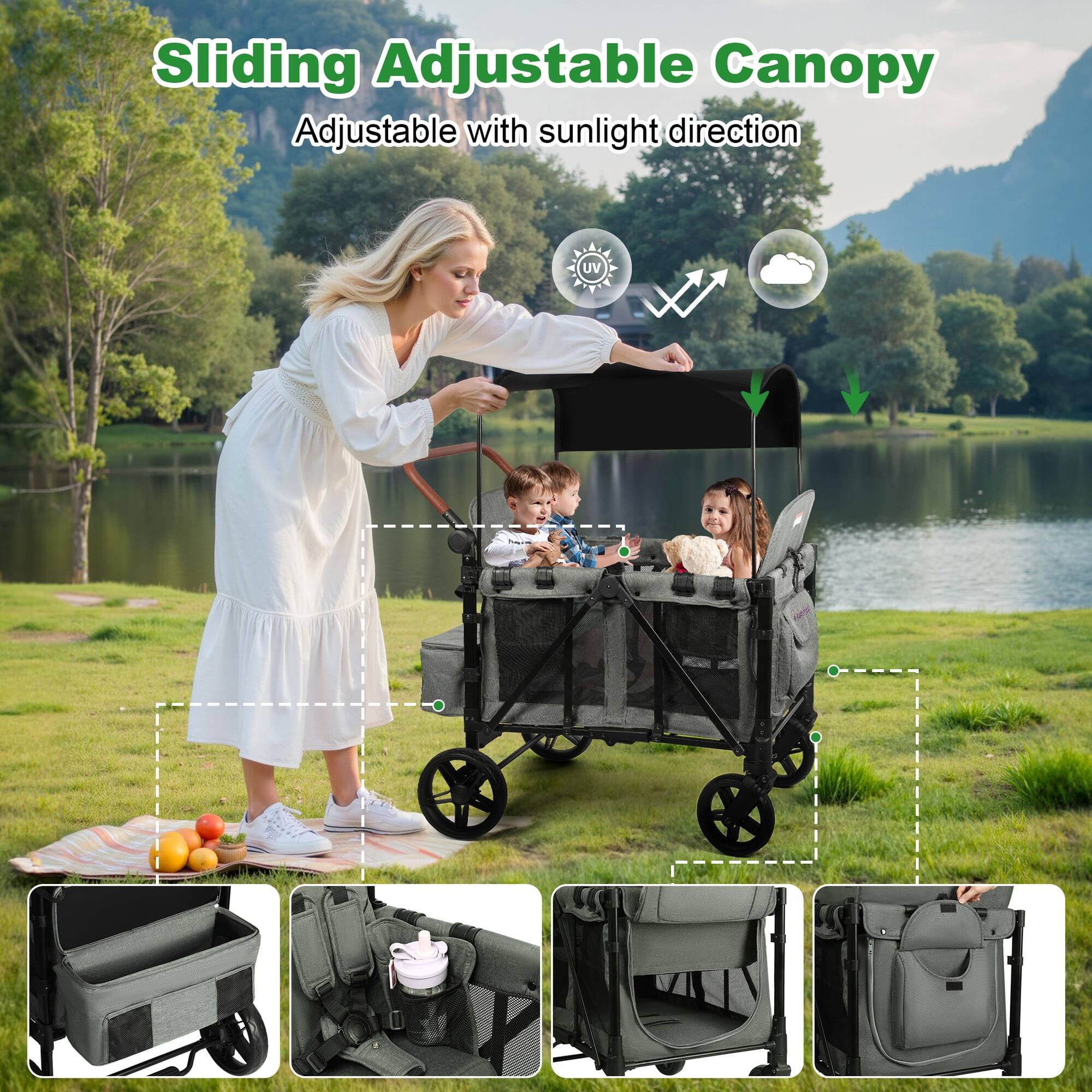 Sliding Adjustable Canopy  
Adjustable with sunlight direction  
UV